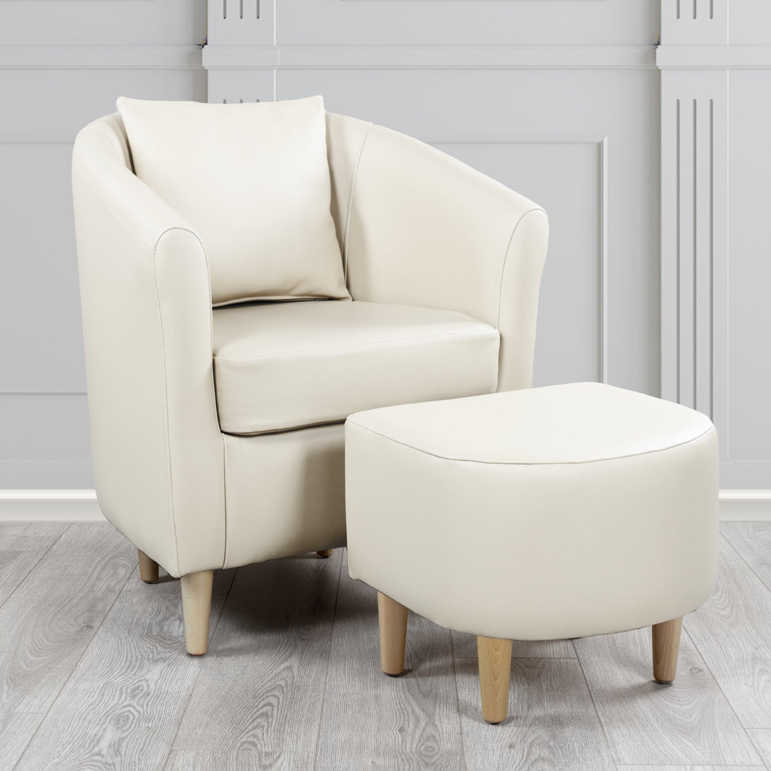 St Tropez Shelly White Crib 5 Genuine Leather Tub Chair & Footstool Set With Scatter Cushion (6619545862186)