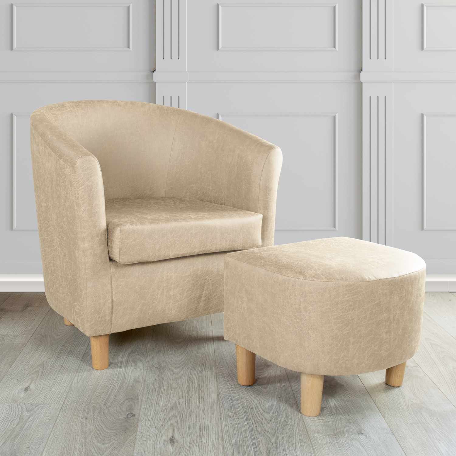 Tuscany Nevada Beige Faux Leather Tub Chair with Dee Footstool Set