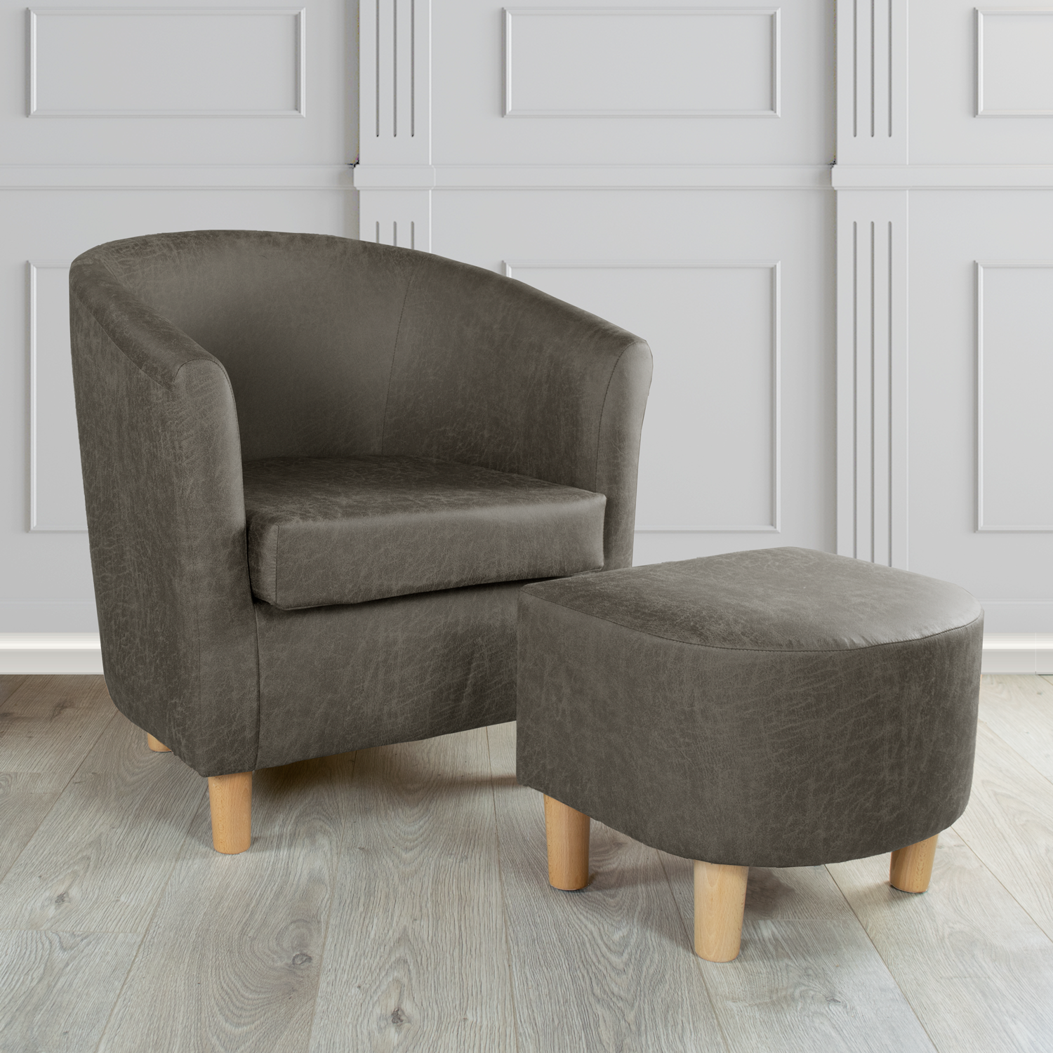 Tuscany Rhodeo Charcoal Faux Leather Tub Chair with Dee Footstool Set (4589242908714)