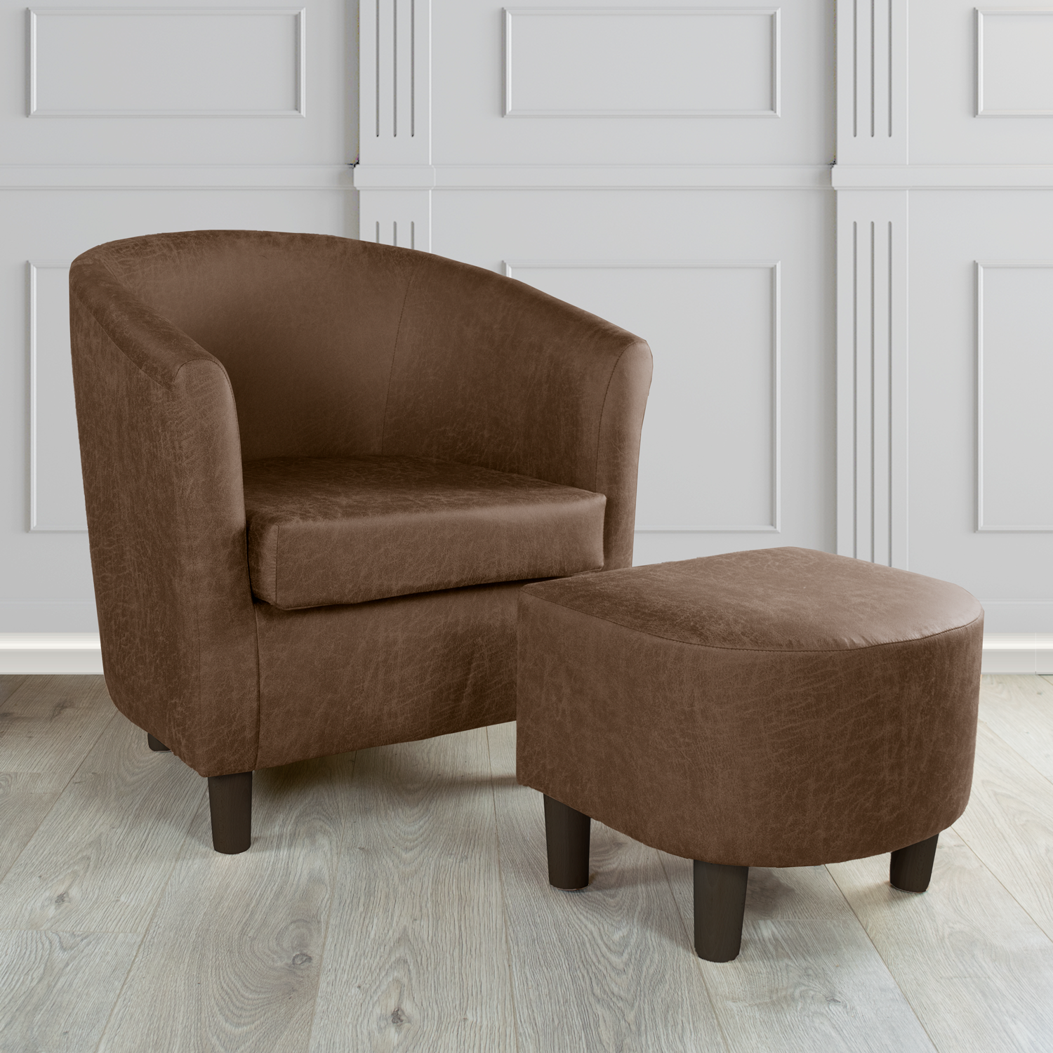Tuscany Rhodeo Chocolate Faux Leather Tub Chair with Dee Footstool Set (4589244776490)