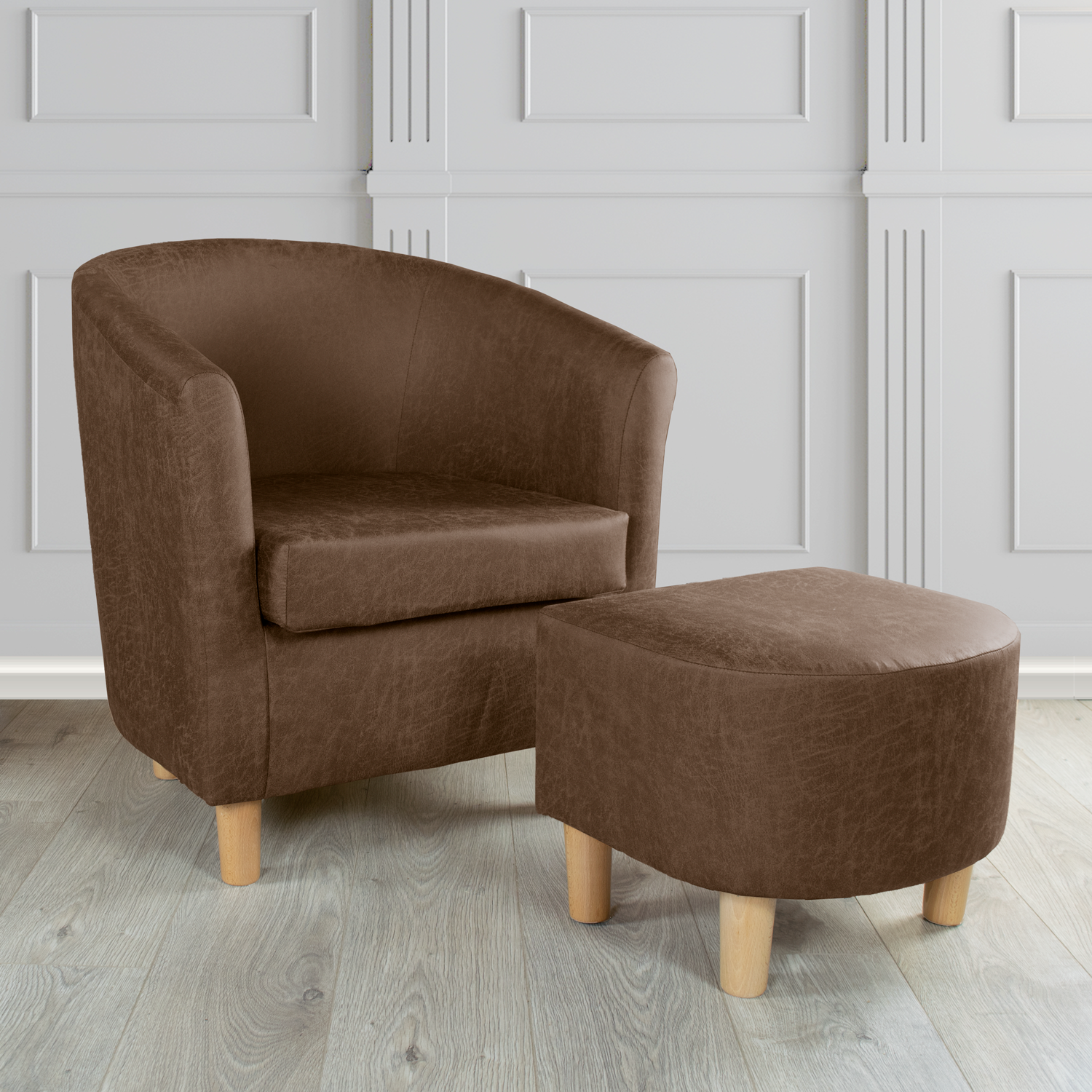 Tuscany Rhodeo Chocolate Faux Leather Tub Chair with Dee Footstool Set (4589244776490)