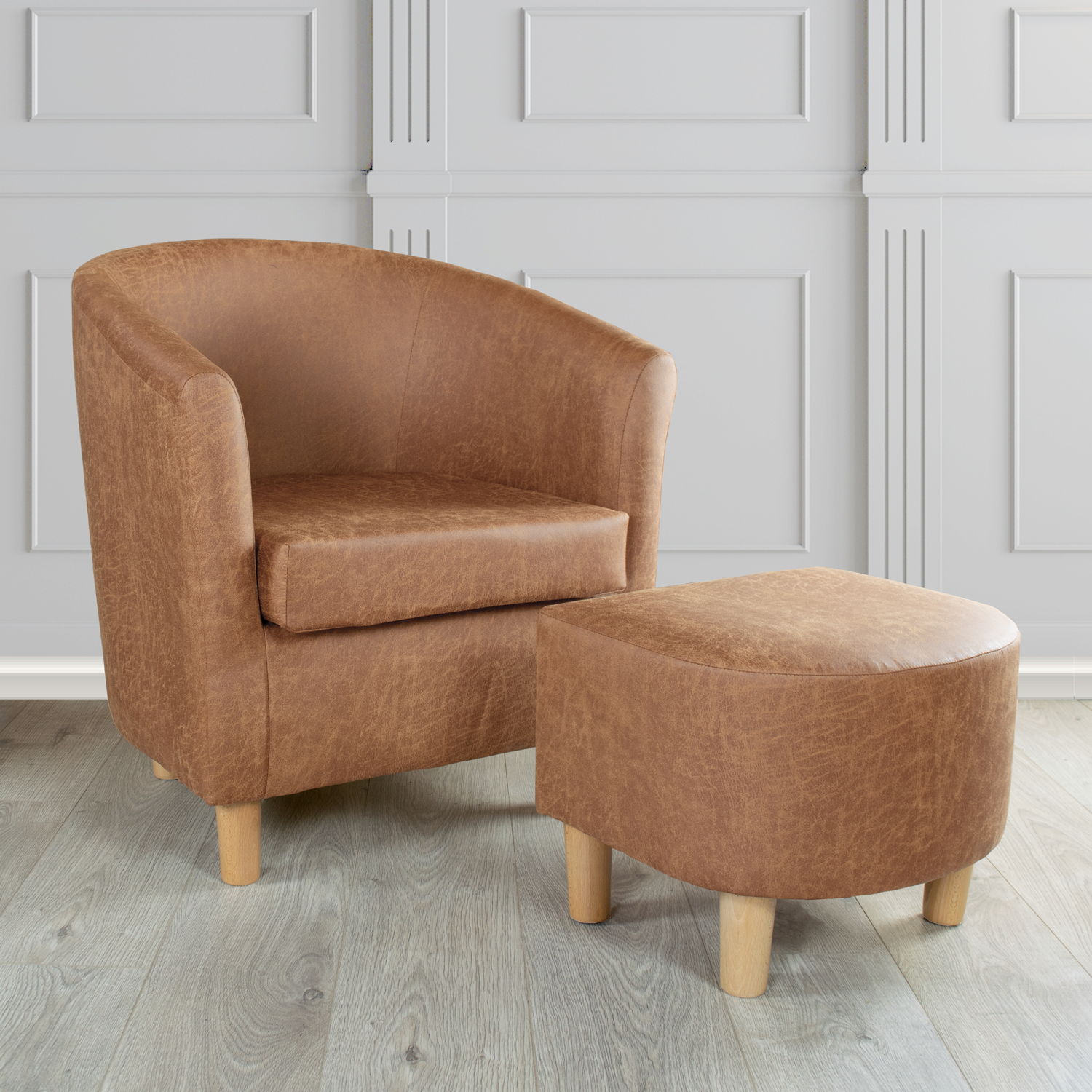 Tuscany Rhodeo Tan Faux Leather Tub Chair with Dee Footstool Set (4589250347050)