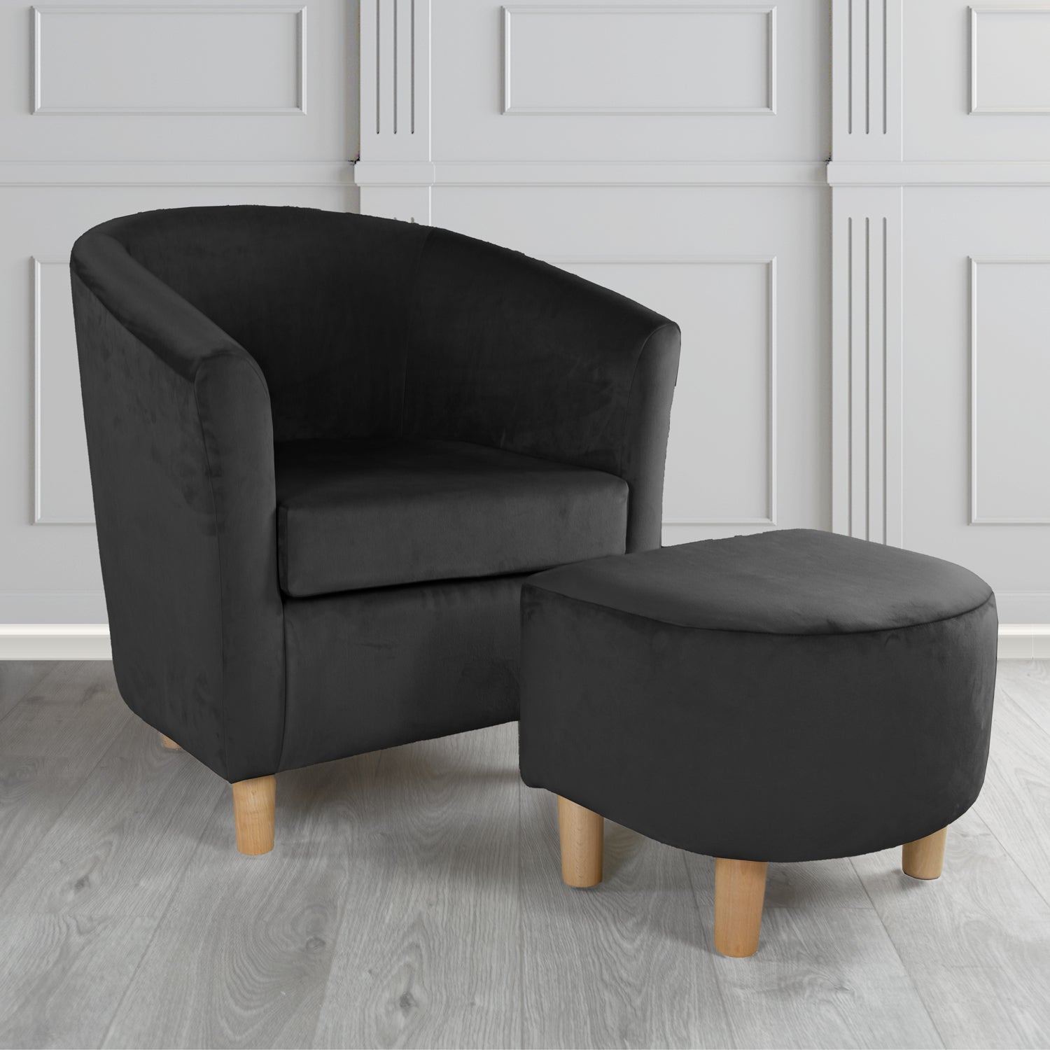 Tuscany Monaco Black Plush Velvet Plain Fabric Tub Chair with Footstool Set (6592008224810)