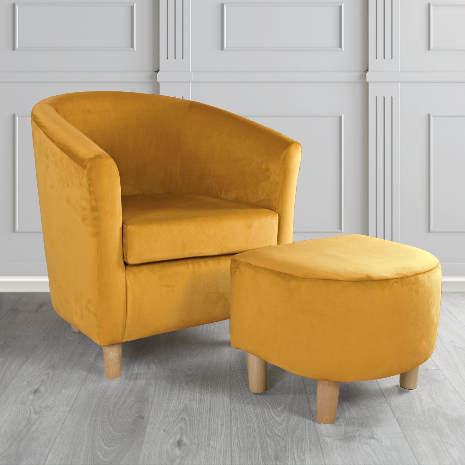 Tuscany Monaco Gold Plush Velvet Plain Fabric Tub Chair with Footstool Set (6592015499306)
