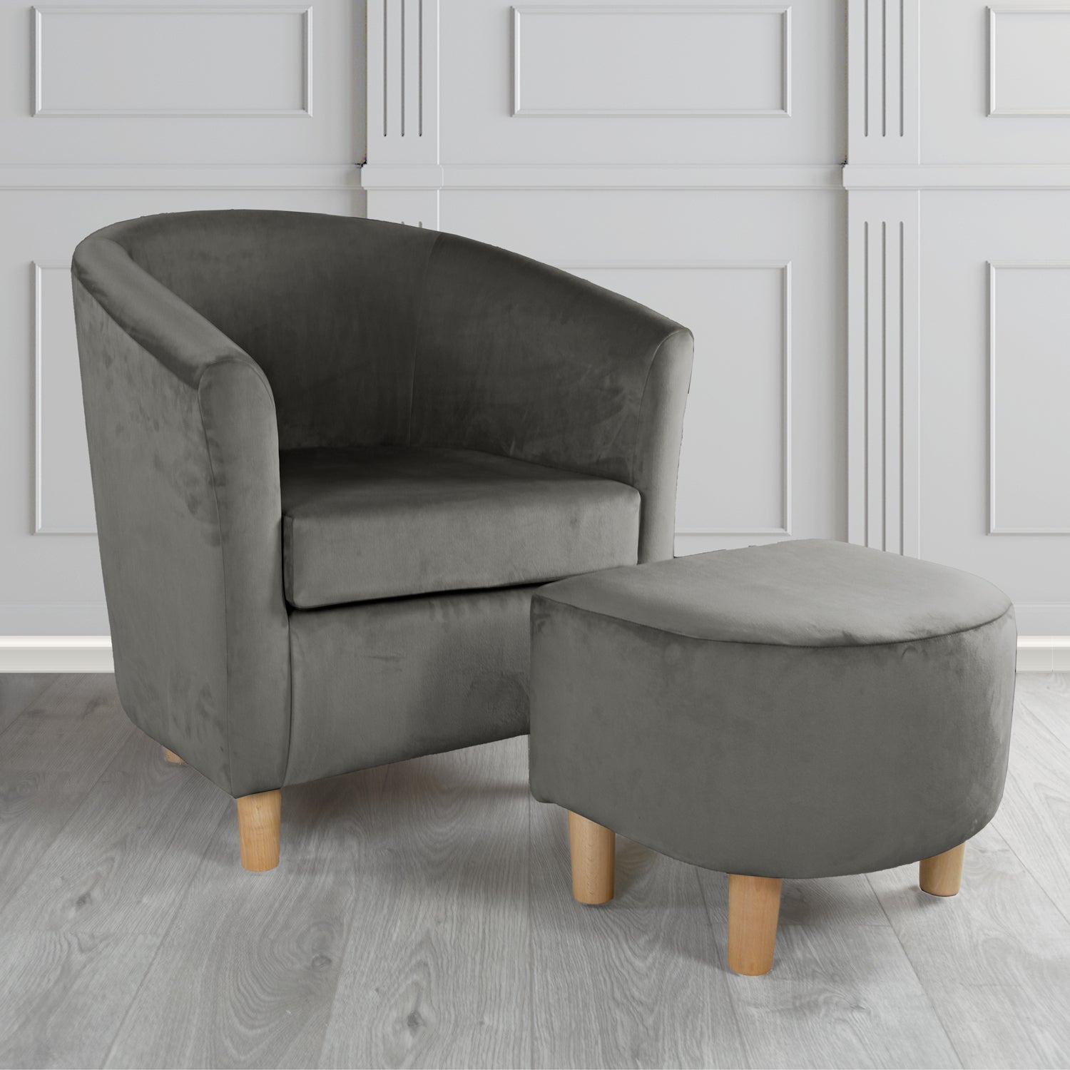 Tuscany Monaco Grey Plush Velvet Plain Fabric Tub Chair with Footstool Set (6592016547882)