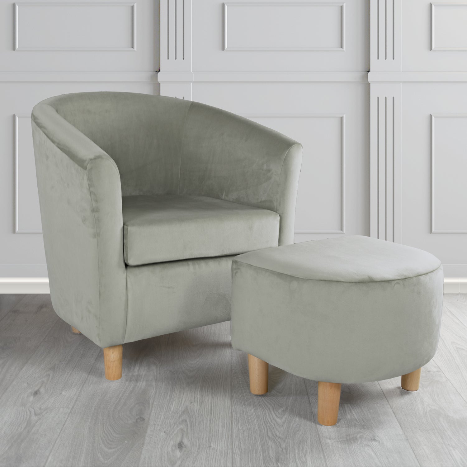 Tuscany Monaco Silver Plush Velvet Plain Fabric Tub Chair with Footstool Set (6592038207530)