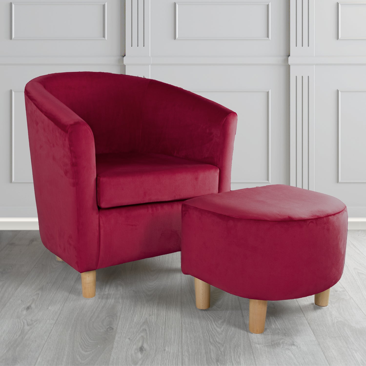 Tuscany Monaco Wine Plush Velvet Plain Fabric Tub Chair with Footstool Set (6592050495530)