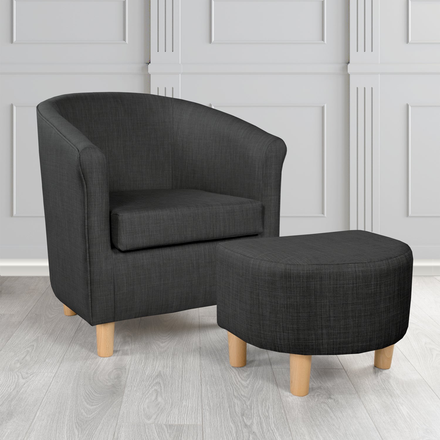 Tuscany Charles Ebony Linen Plain Fabric Tub Chair with Dee Footstool Set - The Tub Chair Shop