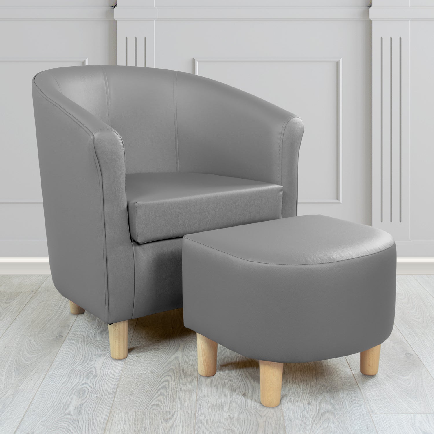 Tuscany Just Colour Battleship Faux Leather Tub Chair with Dee Footstool Set - The Tub Chair Shop