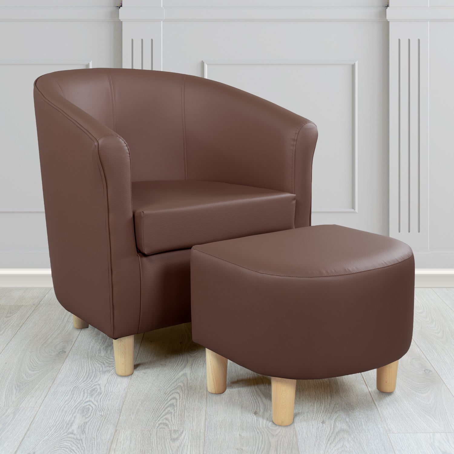 Tuscany Just Colour Cocoa Faux Leather Tub Chair with Dee Footstool Set - The Tub Chair Shop