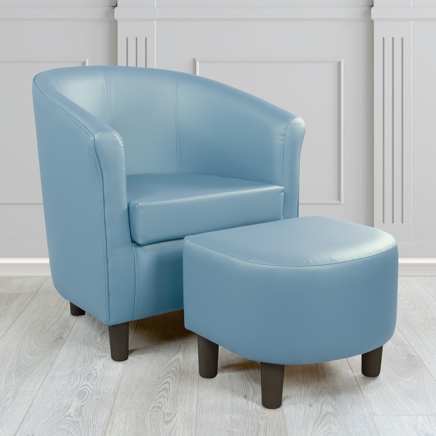 Tuscany Just Colour Cool Blue Faux Leather Tub Chair with Dee Footstool Set - The Tub Chair Shop