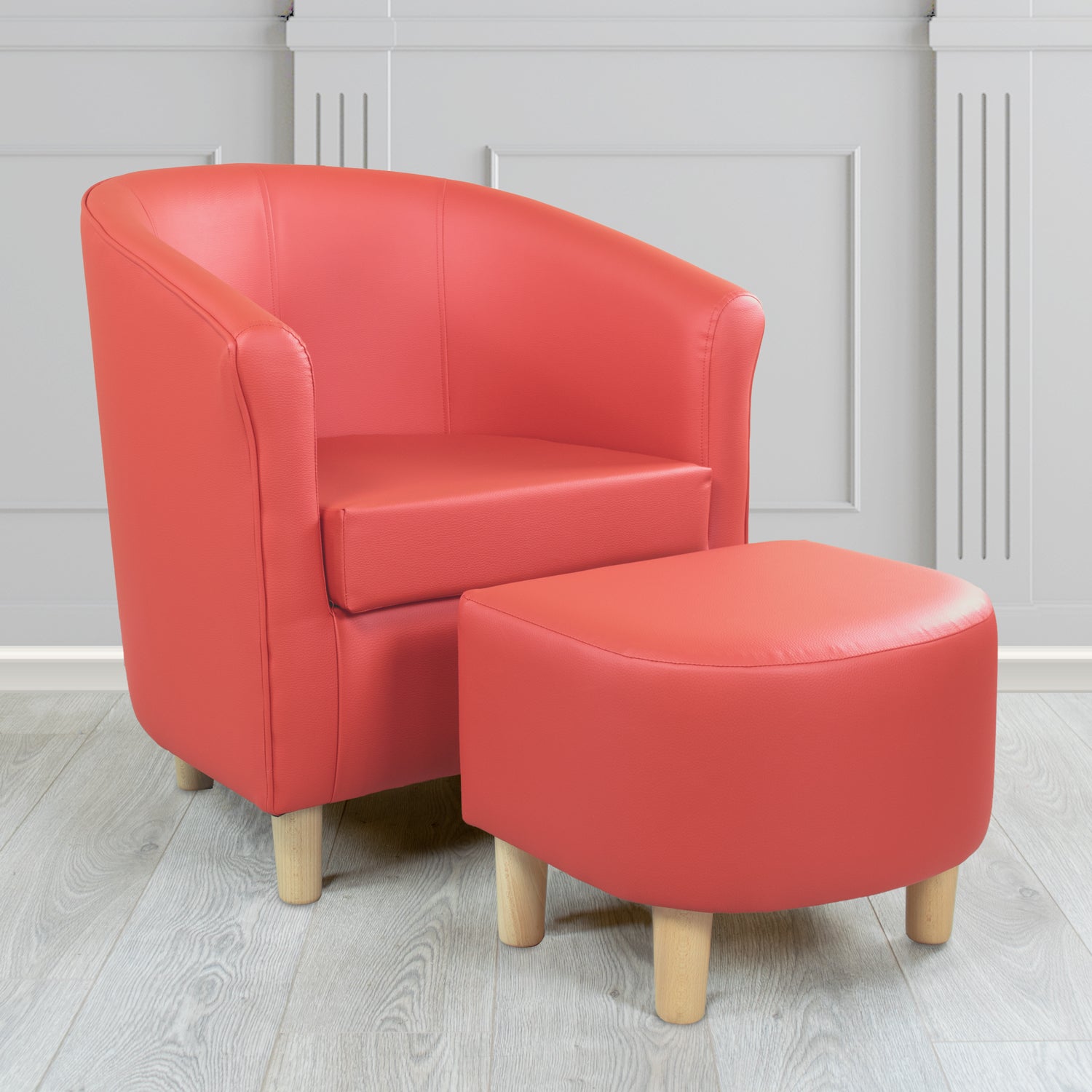 Tuscany Just Colour Coral Faux Leather Tub Chair with Dee Footstool Set - The Tub Chair Shop