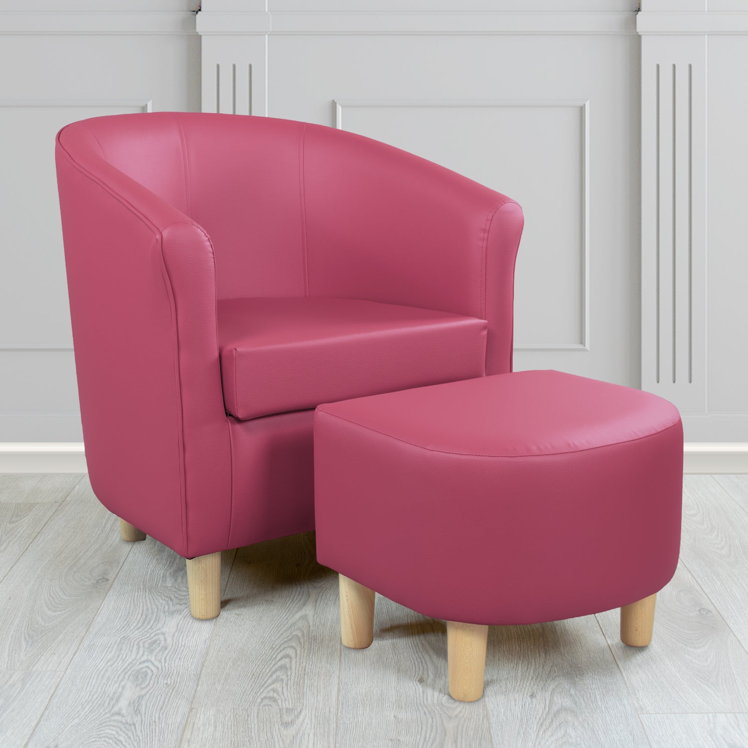 Tuscany Just Colour Deep Rose Faux Leather Tub Chair with Dee Footstool Set - The Tub Chair Shop