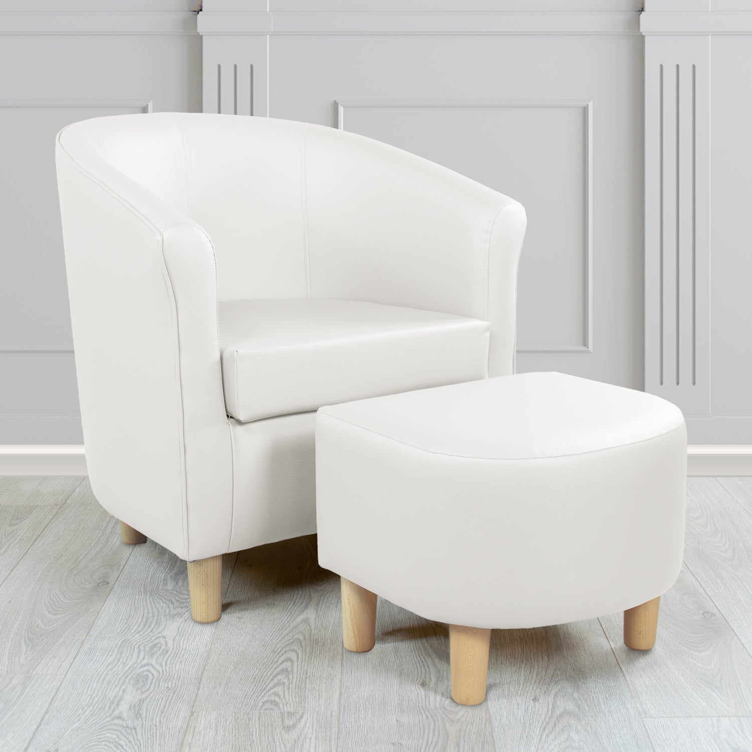 Tuscany Just Colour Jasmine White Faux Leather Tub Chair with Dee Footstool Set - The Tub Chair Shop