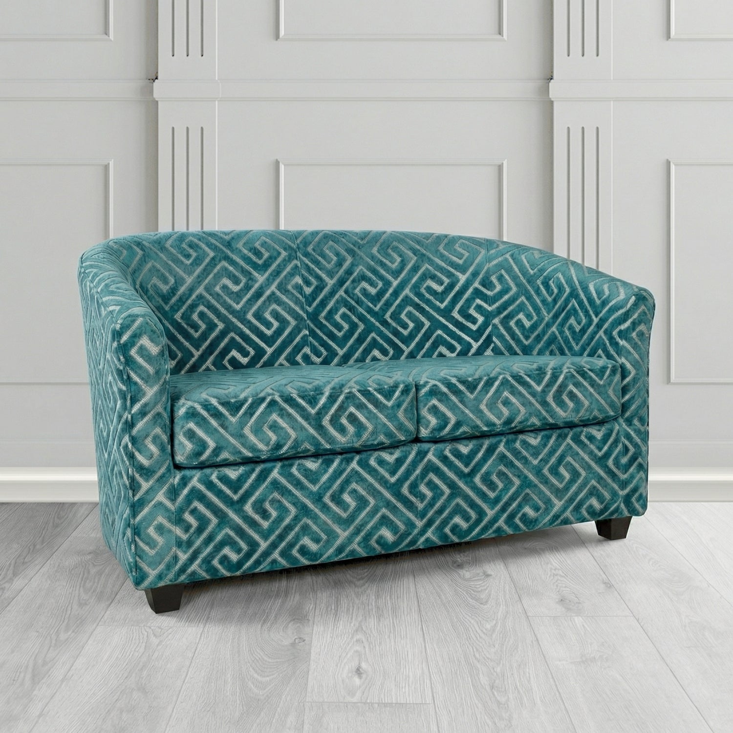 Cannes 2 Seater Tub Sofa in Cristina Marrone Extravaganza Greek Key Geometric Fabric