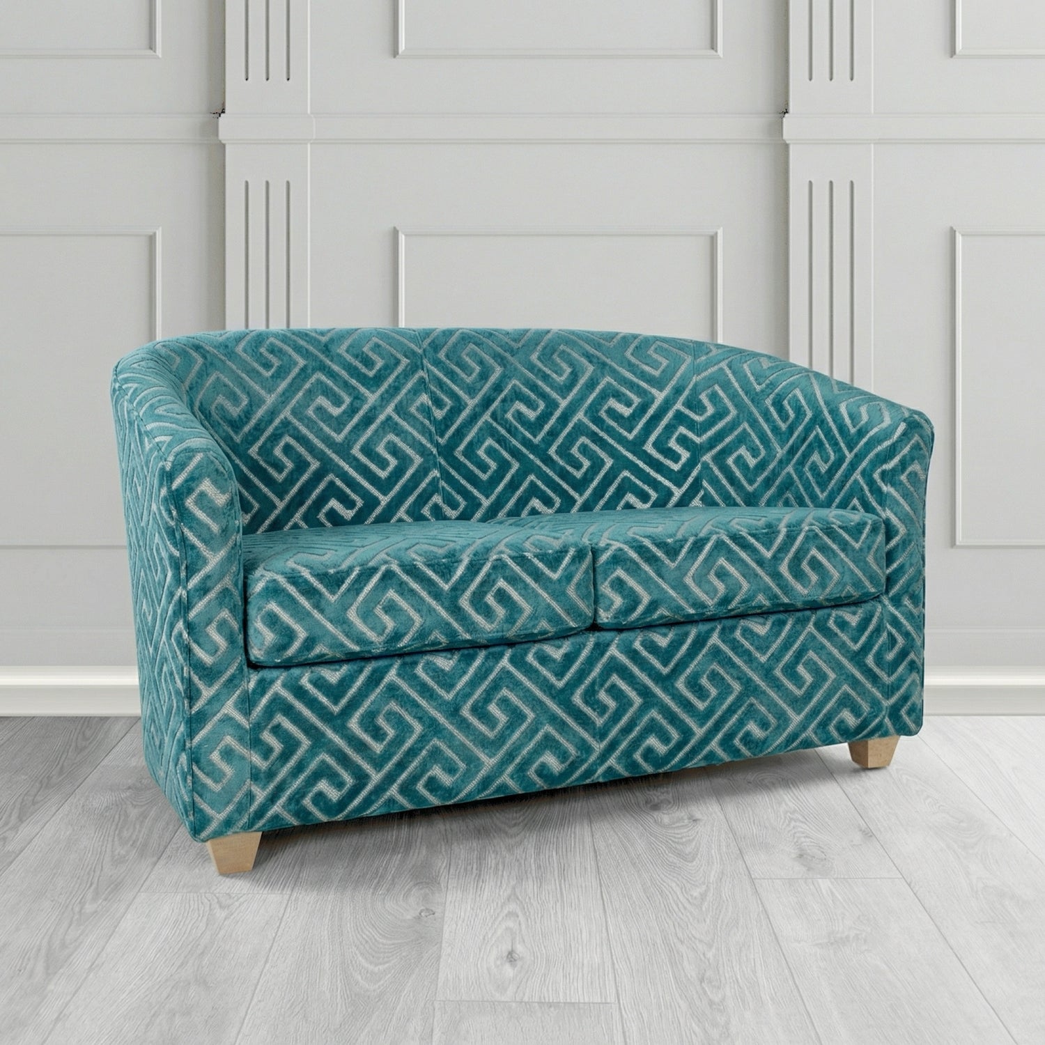 Cannes 2 Seater Tub Sofa in Cristina Marrone Extravaganza Greek Key Geometric Fabric
