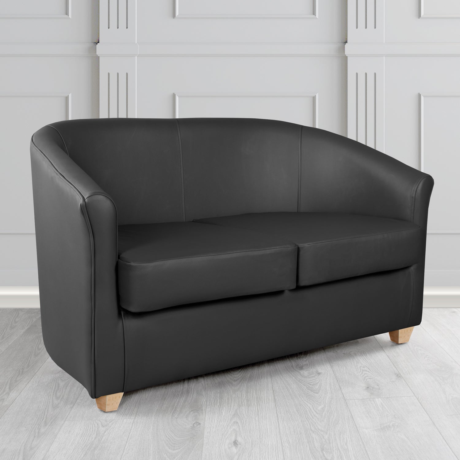 Cannes 2 Seater Tub Sofa in Chieftain Fabrics Just Colour Cobalt Crib 5 Faux Leather with Light Wood Legs - Ex Display / Marked