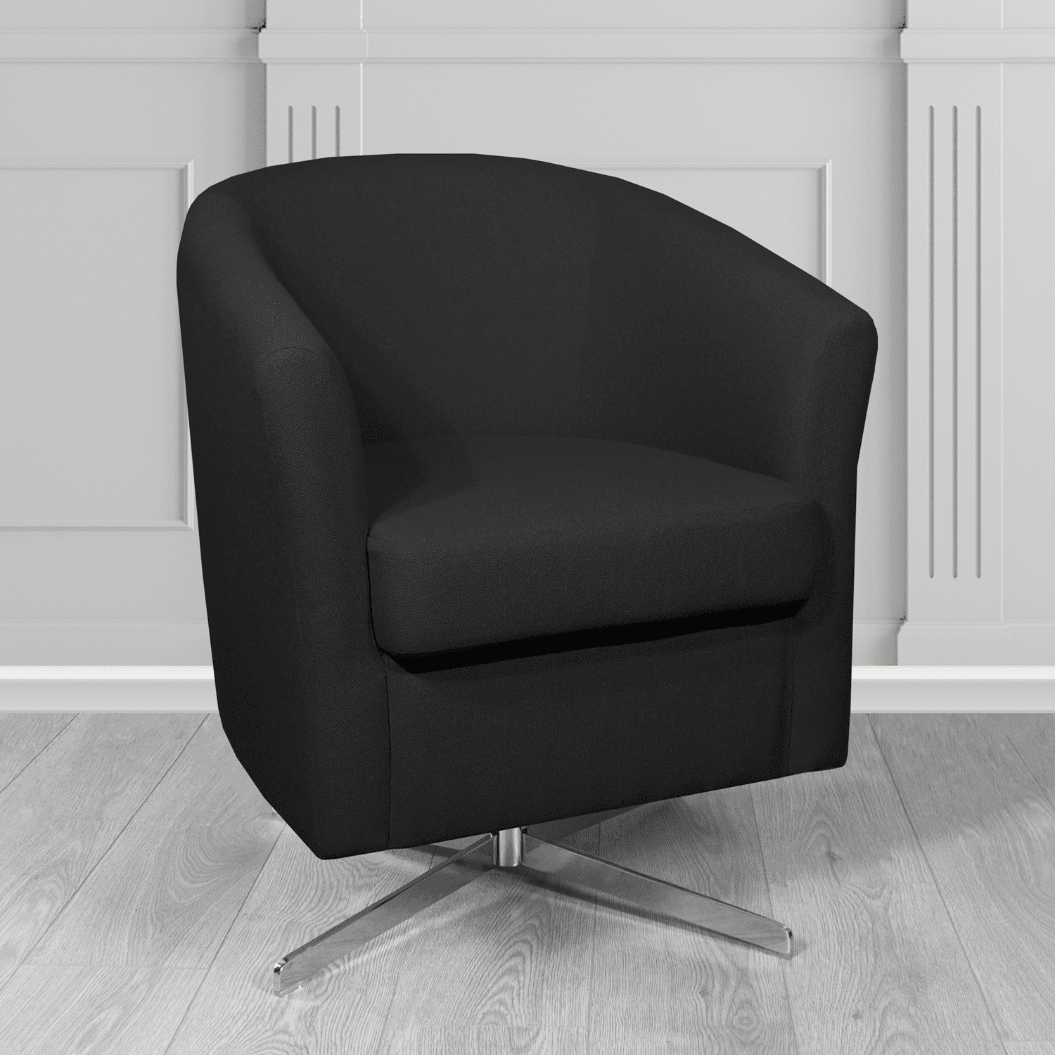 Cannes Swivel Tub Chair in Mainline Plus Black IF059 Crib 5 Fabric - The Tub Chair Shop