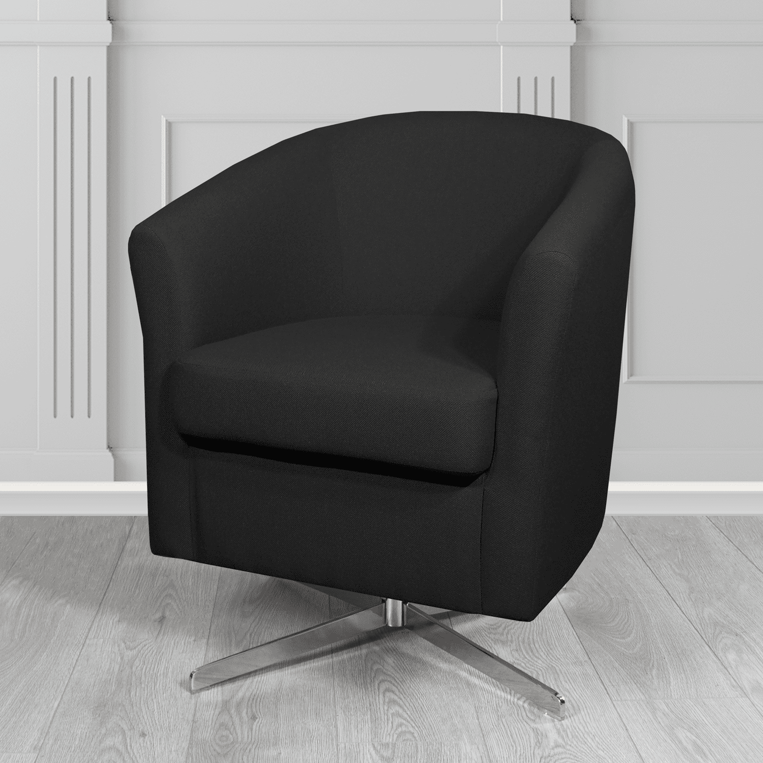Cannes Swivel Tub Chair in Mainline Plus Black IF059 Crib 5 Fabric - The Tub Chair Shop