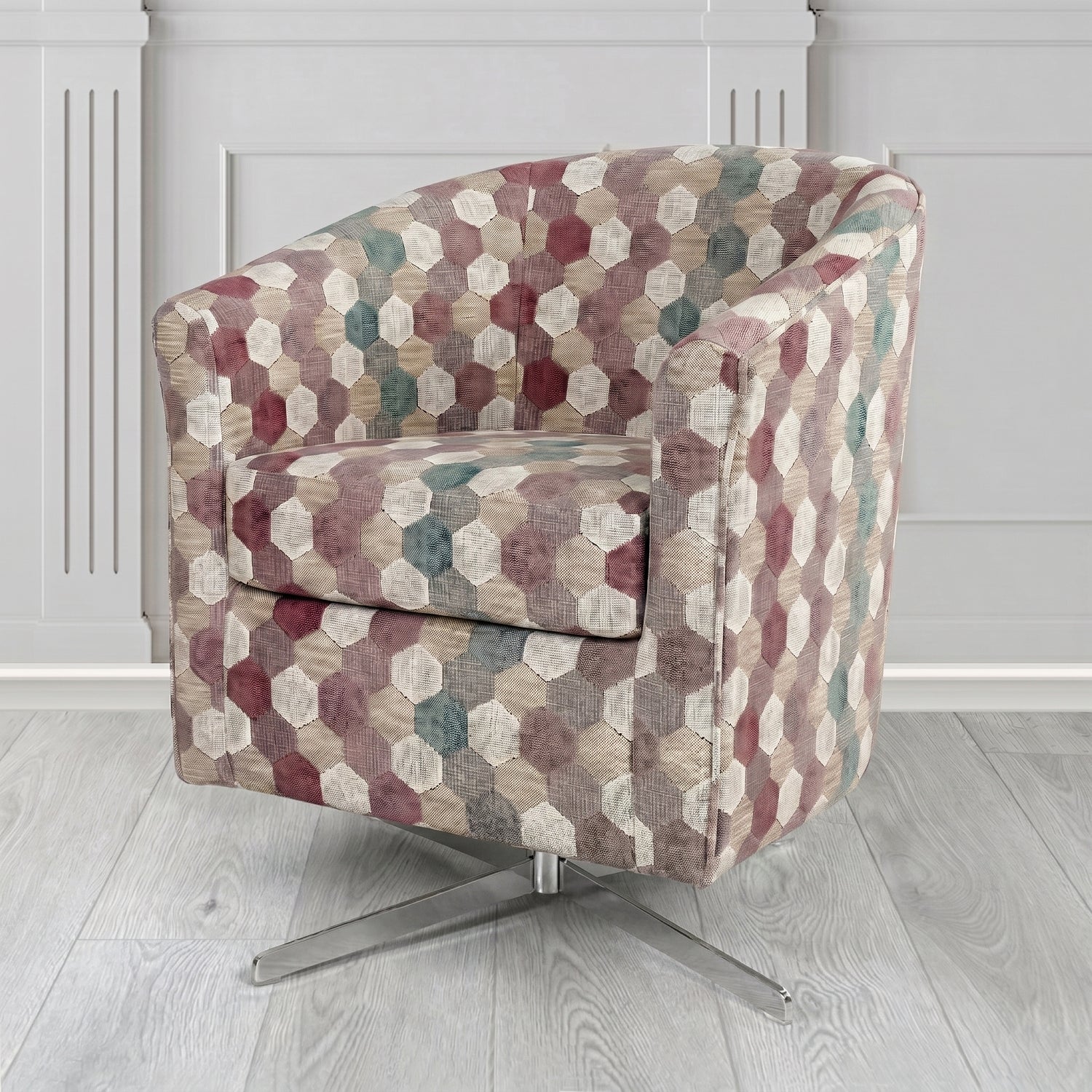 Cannes Swivel Tub Chair in Cristina Marrone Extravaganza Honeycomb Velvet Pattern Fabric