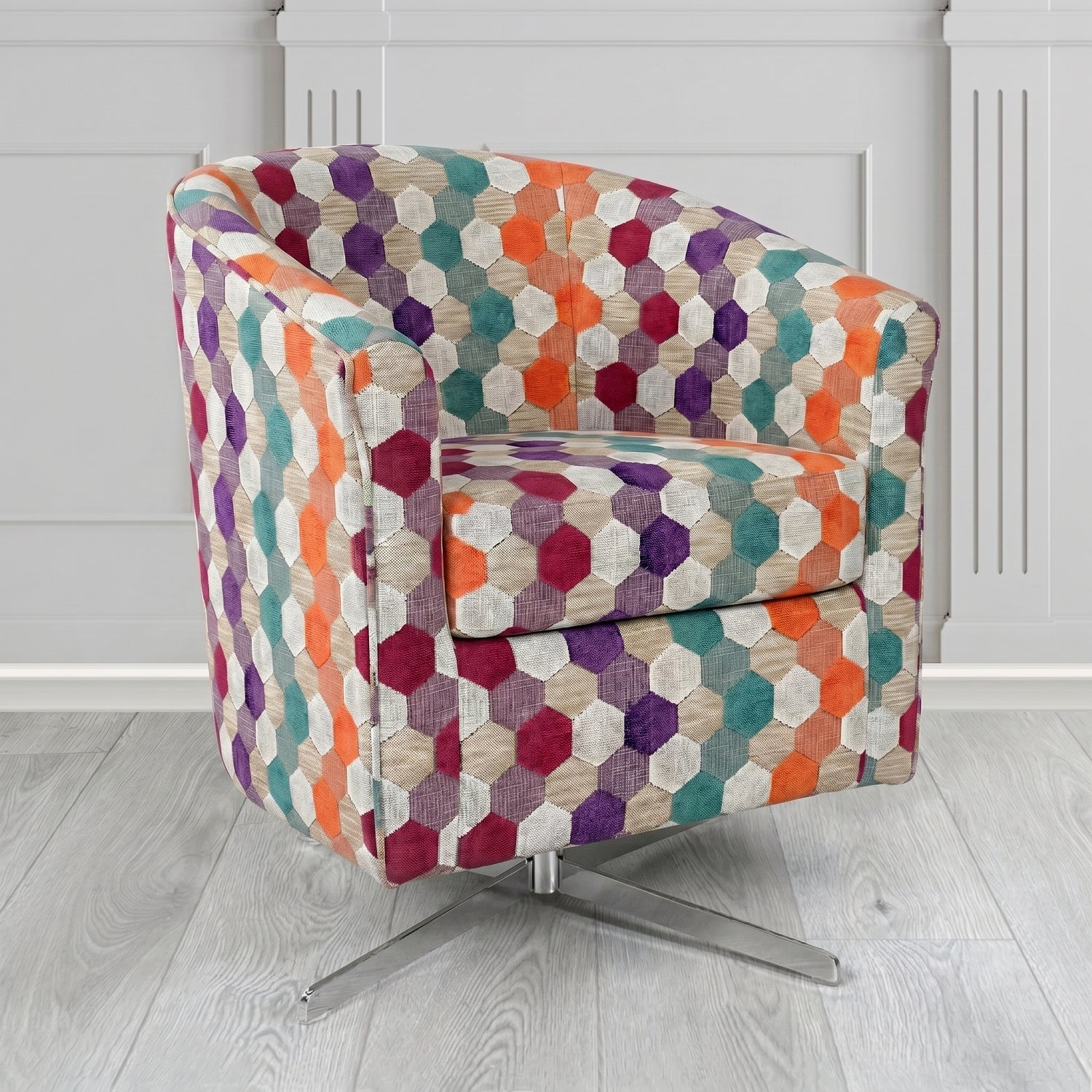 Cannes Swivel Tub Chair in Cristina Marrone Extravaganza Honeycomb Velvet Pattern Fabric