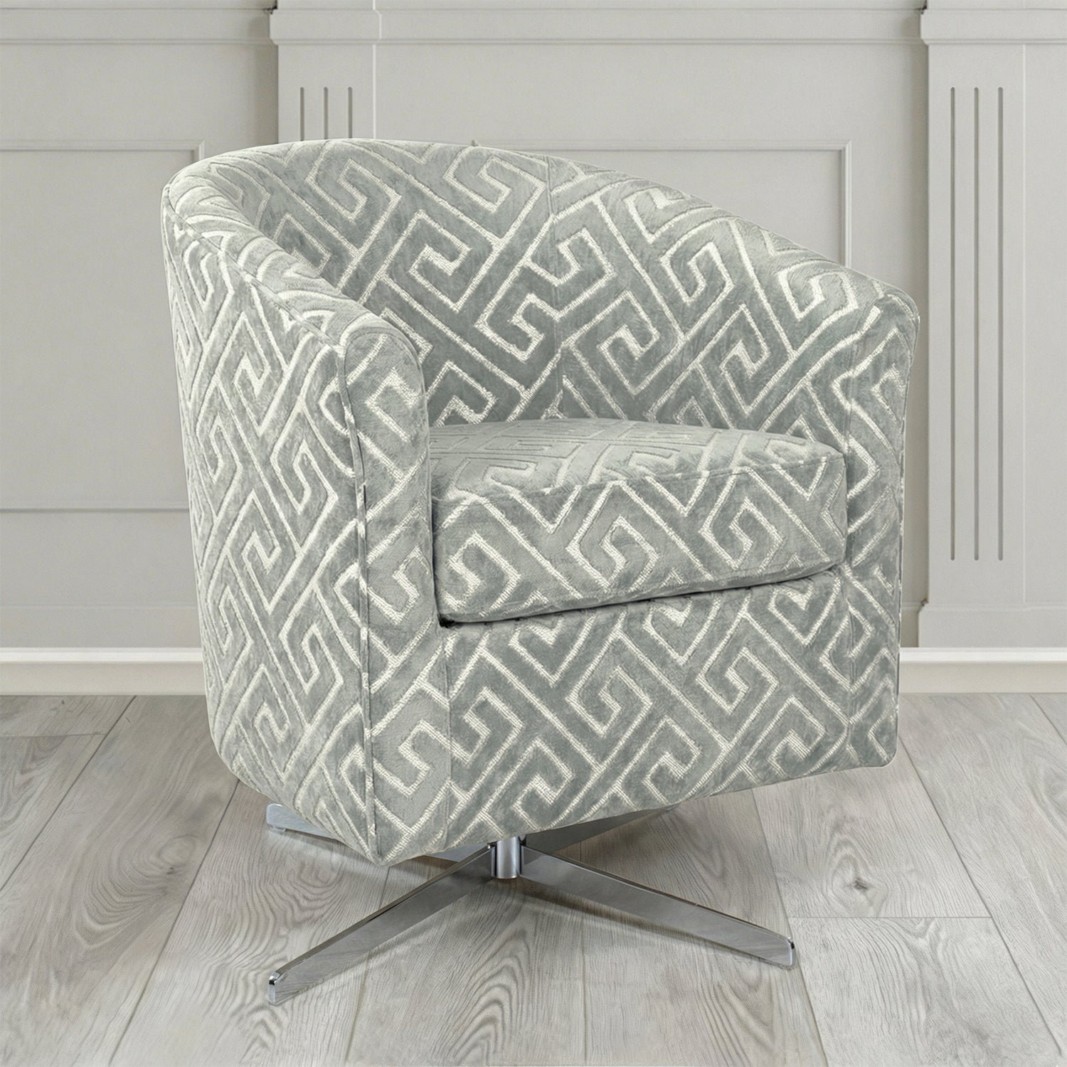 Cannes Swivel Tub Chair in Cristina Marrone Extravaganza Greek Key Geometric Fabric