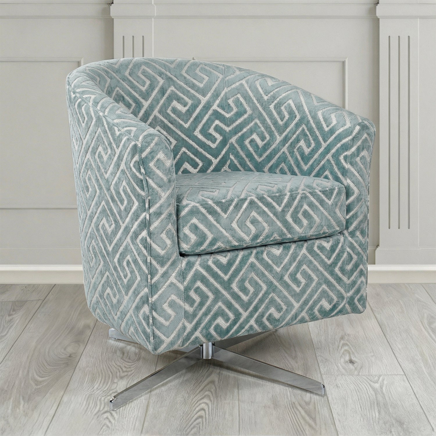 Cannes Swivel Tub Chair in Cristina Marrone Extravaganza Greek Key Geometric Fabric