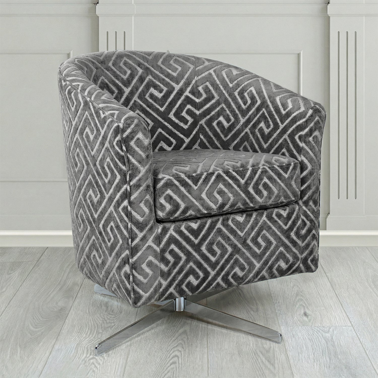Cannes Swivel Tub Chair in Cristina Marrone Extravaganza Greek Key Geometric Fabric