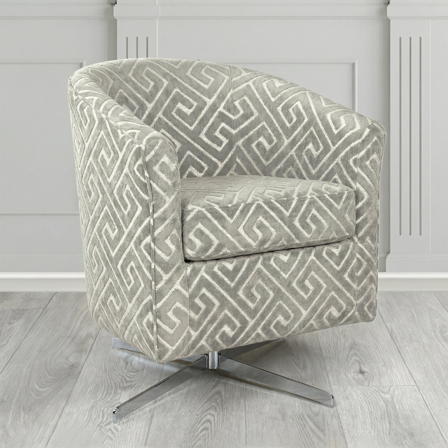 Cannes Swivel Tub Chair in Cristina Marrone Extravaganza Greek Key Geometric Fabric