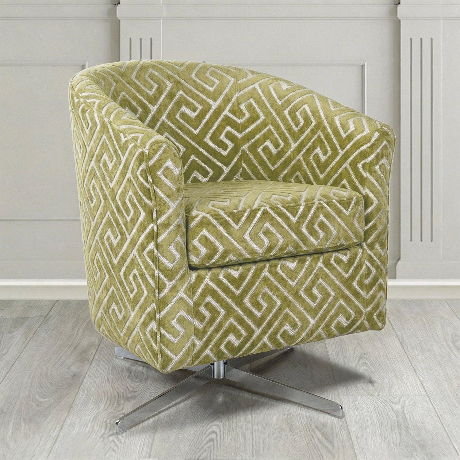Cannes Swivel Tub Chair in Cristina Marrone Extravaganza Greek Key Geometric Fabric