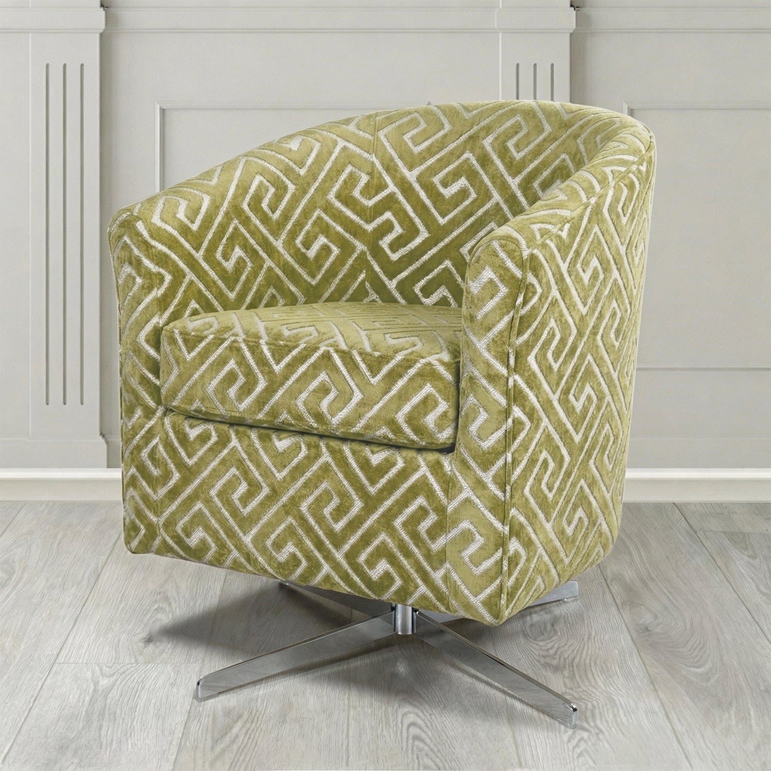 Cannes Swivel Tub Chair in Cristina Marrone Extravaganza Greek Key Geometric Fabric