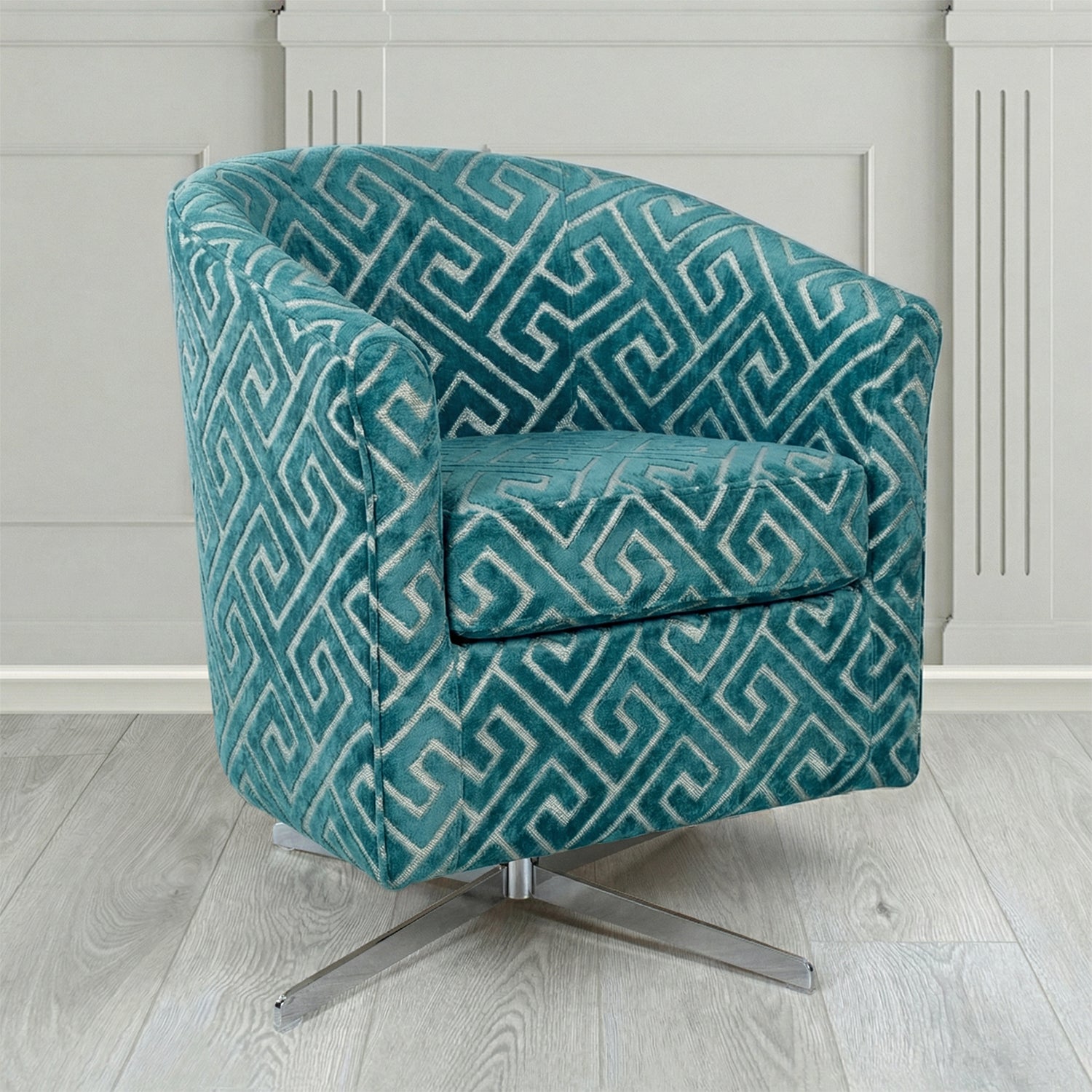 Cannes Swivel Tub Chair in Cristina Marrone Extravaganza Greek Key Geometric Fabric