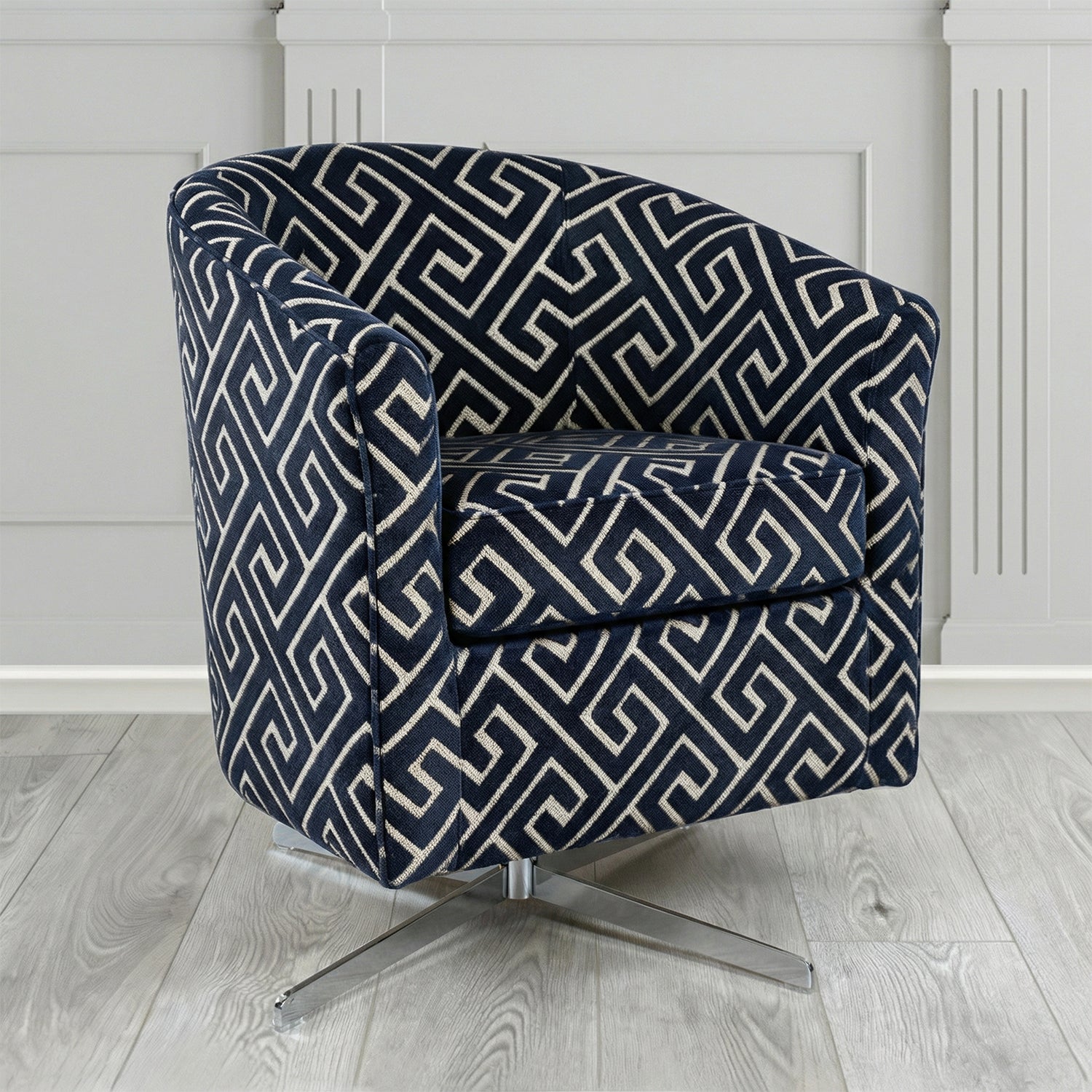 Cannes Swivel Tub Chair in Cristina Marrone Extravaganza Greek Key Geometric Fabric