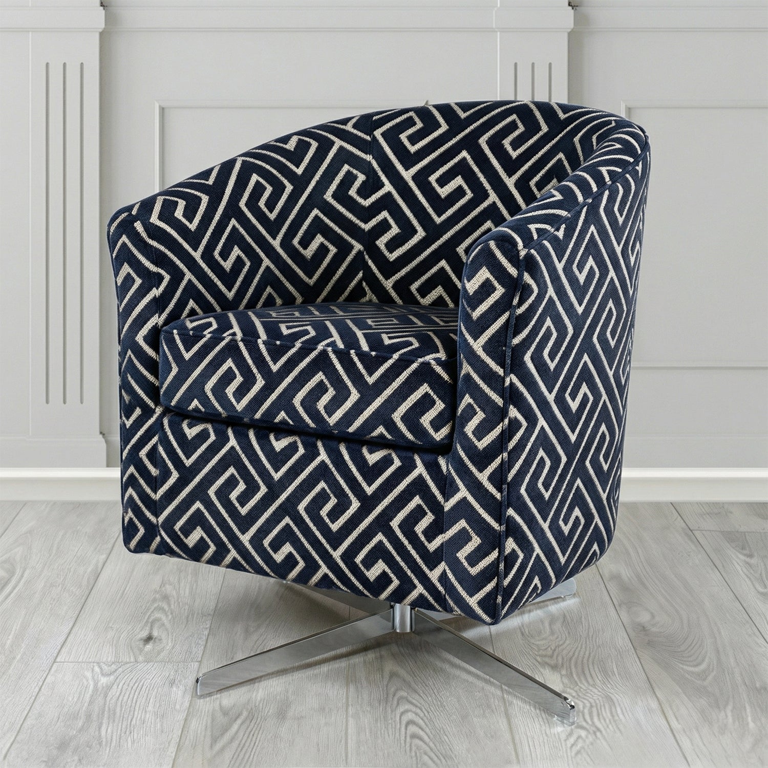 Cannes Swivel Tub Chair in Cristina Marrone Extravaganza Greek Key Geometric Fabric