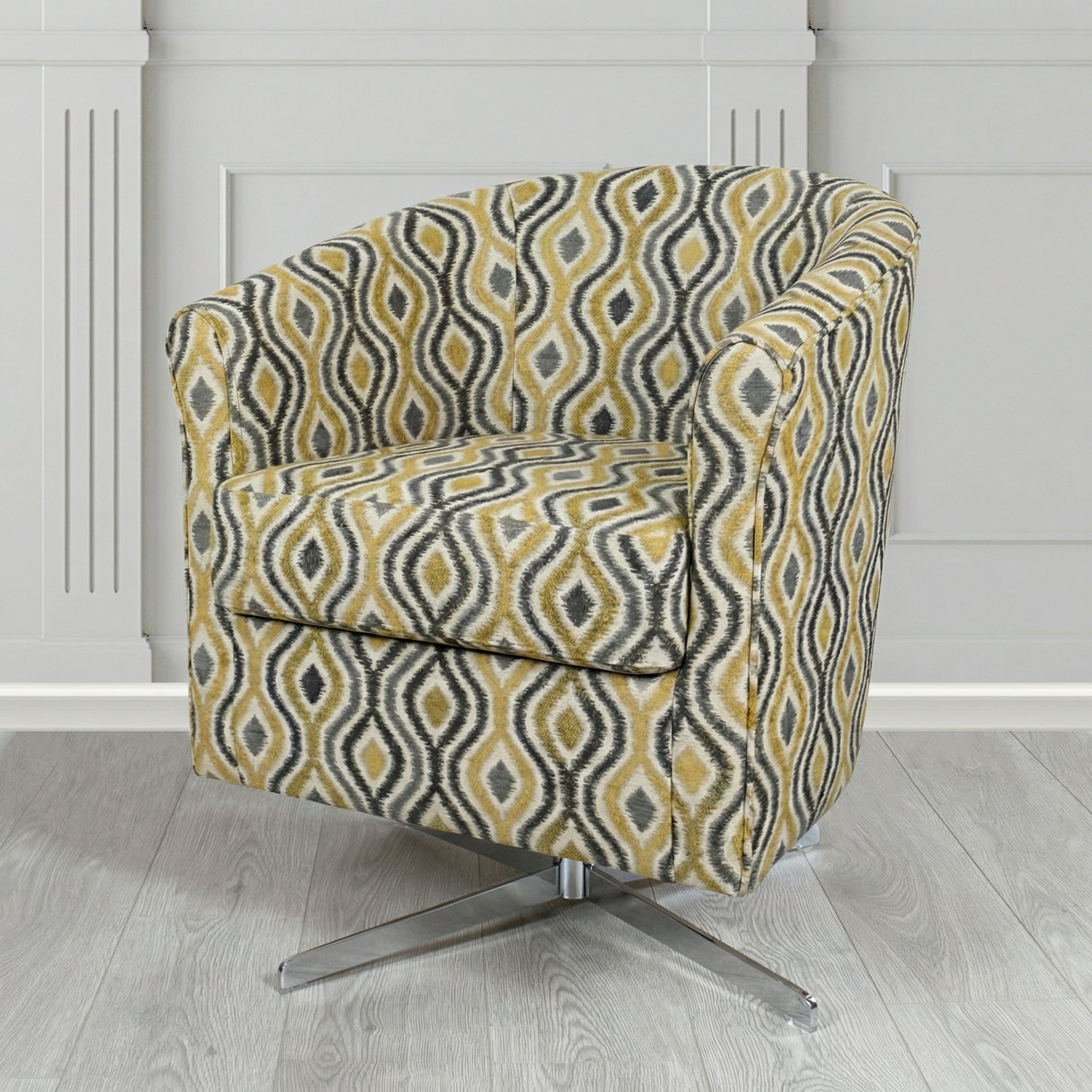 Cannes Swivel Tub Chair in Fryett's Verrusio Geometric Fabric