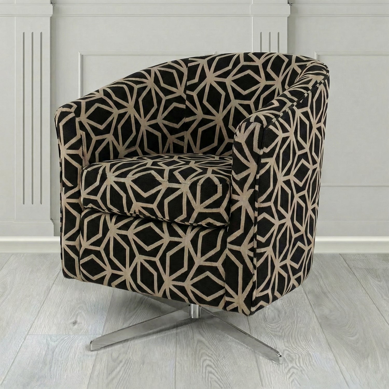Cannes Swivel Tub Chair in Panaz Fabrics Lexington Corinthia Geometric Crib 5 Velvet Fabric