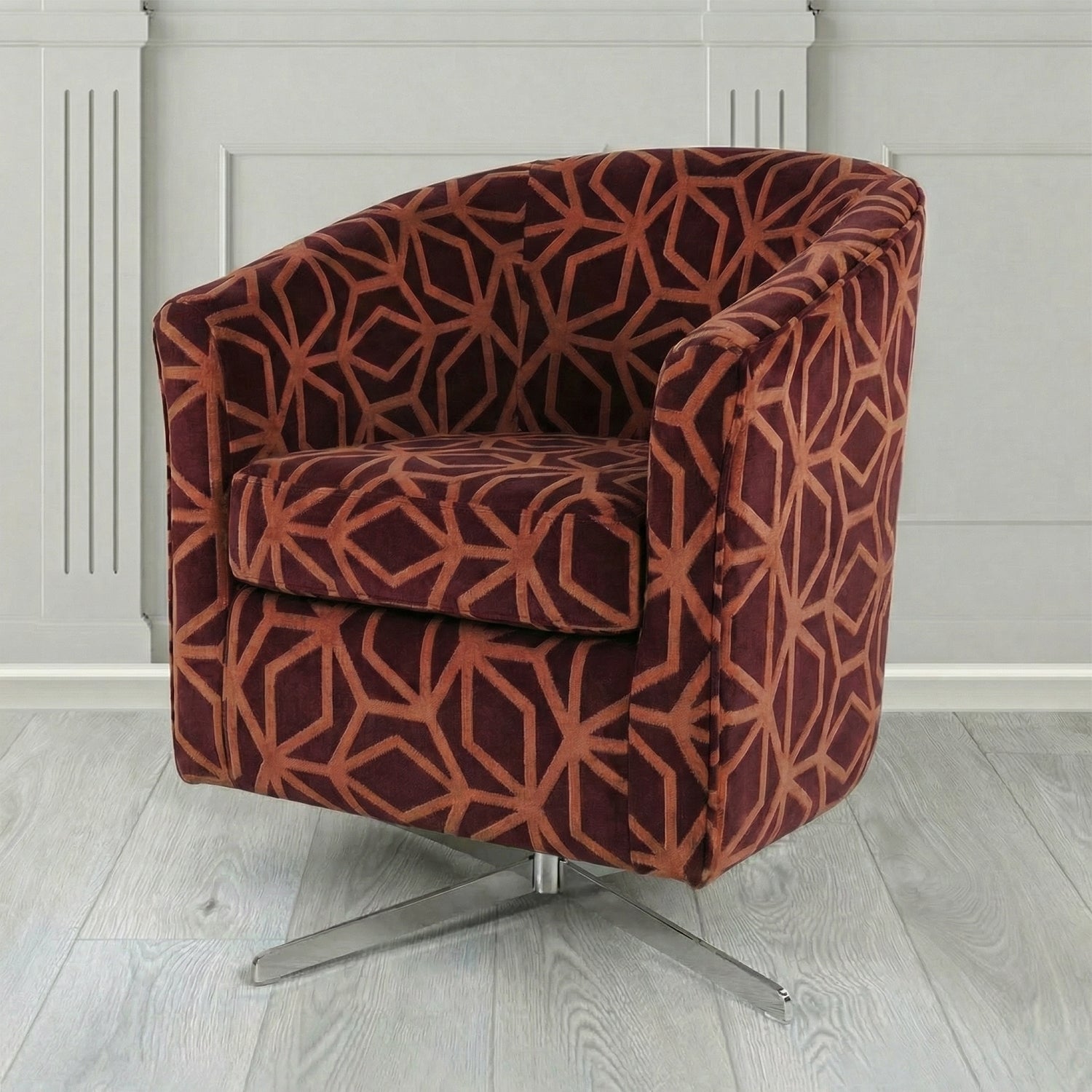 Cannes Swivel Tub Chair in Panaz Fabrics Lexington Corinthia Geometric Crib 5 Velvet Fabric