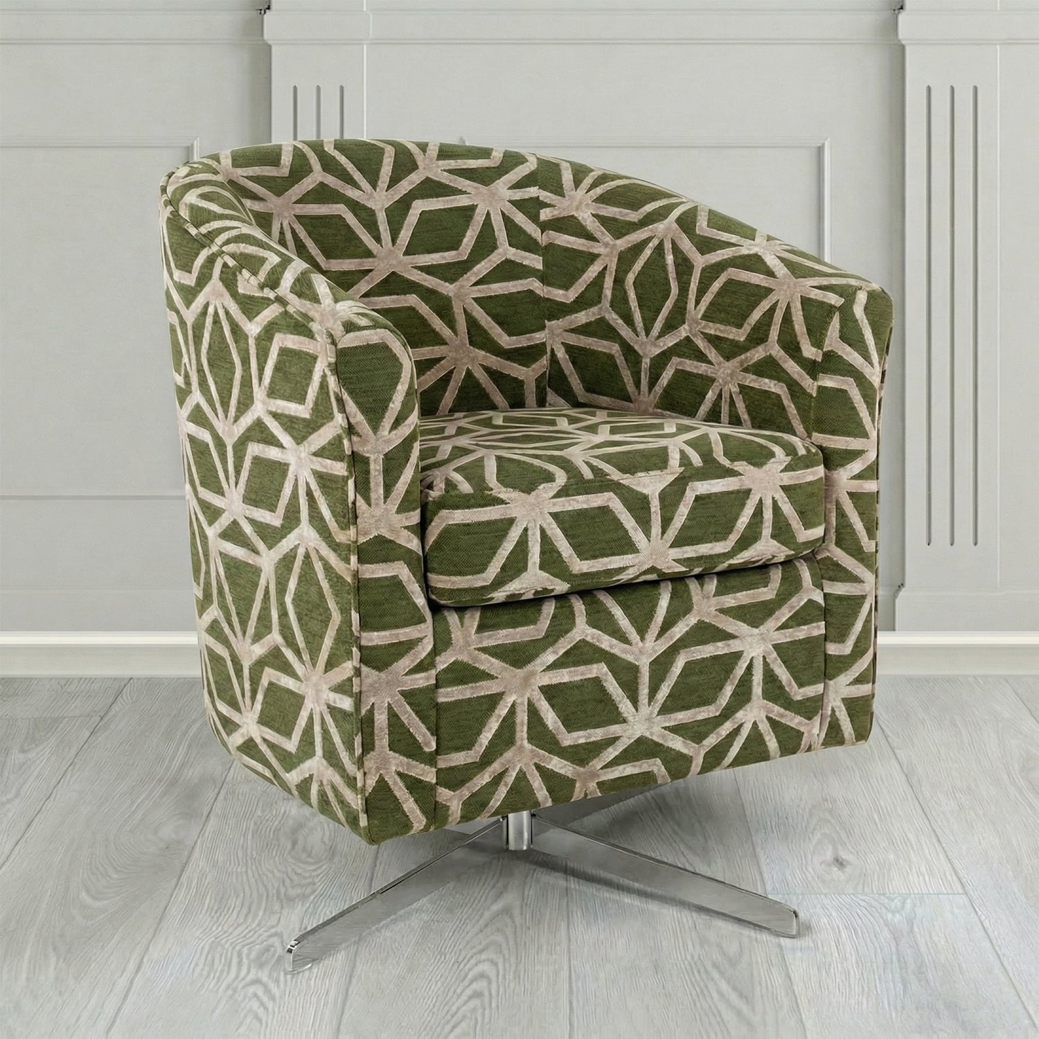 Cannes Swivel Tub Chair in Panaz Fabrics Lexington Corinthia Geometric Crib 5 Velvet Fabric