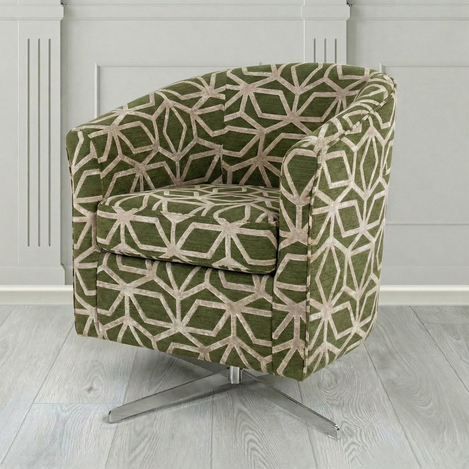 Cannes Swivel Tub Chair in Panaz Fabrics Lexington Corinthia Geometric Crib 5 Velvet Fabric