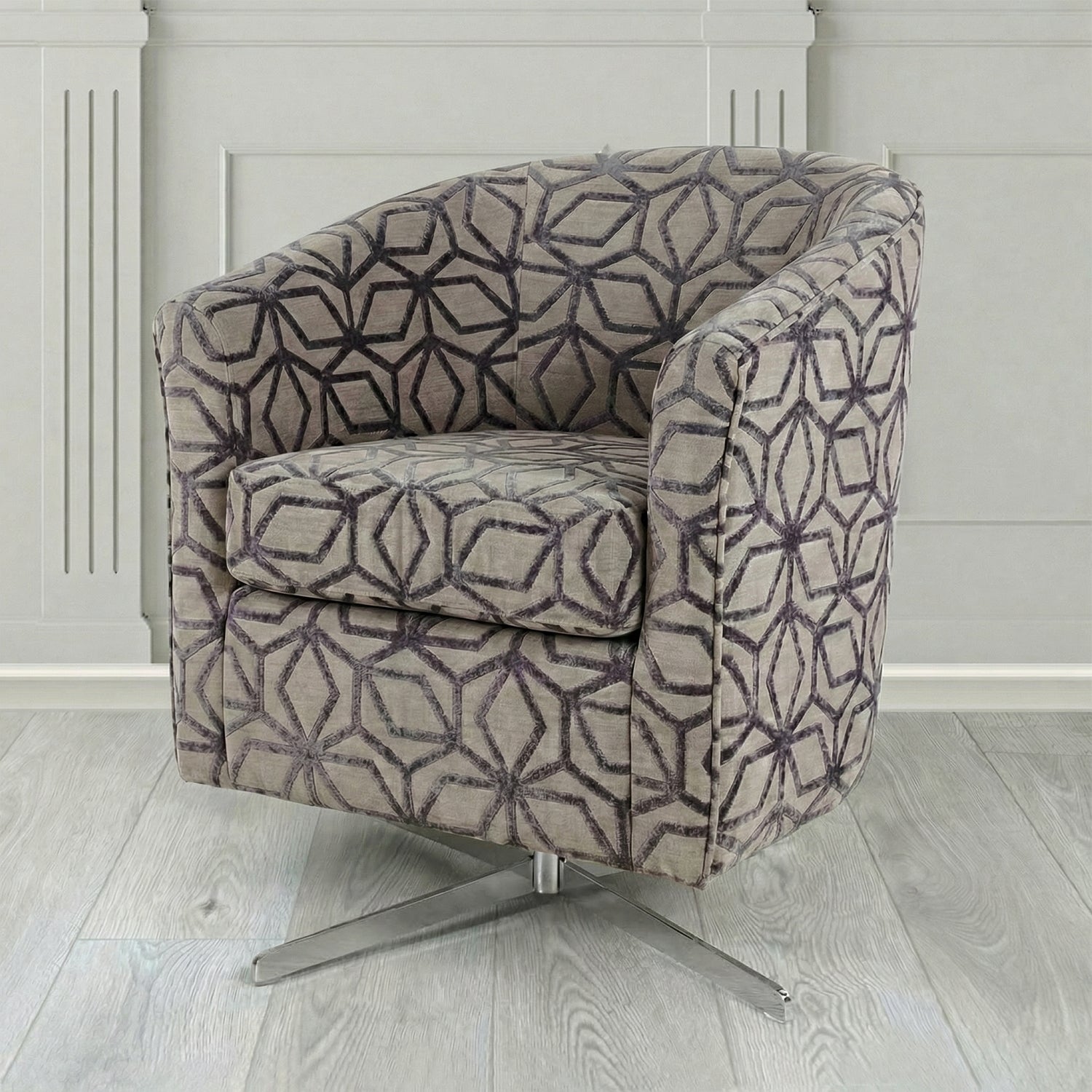 Cannes Swivel Tub Chair in Panaz Fabrics Lexington Corinthia Geometric Crib 5 Velvet Fabric