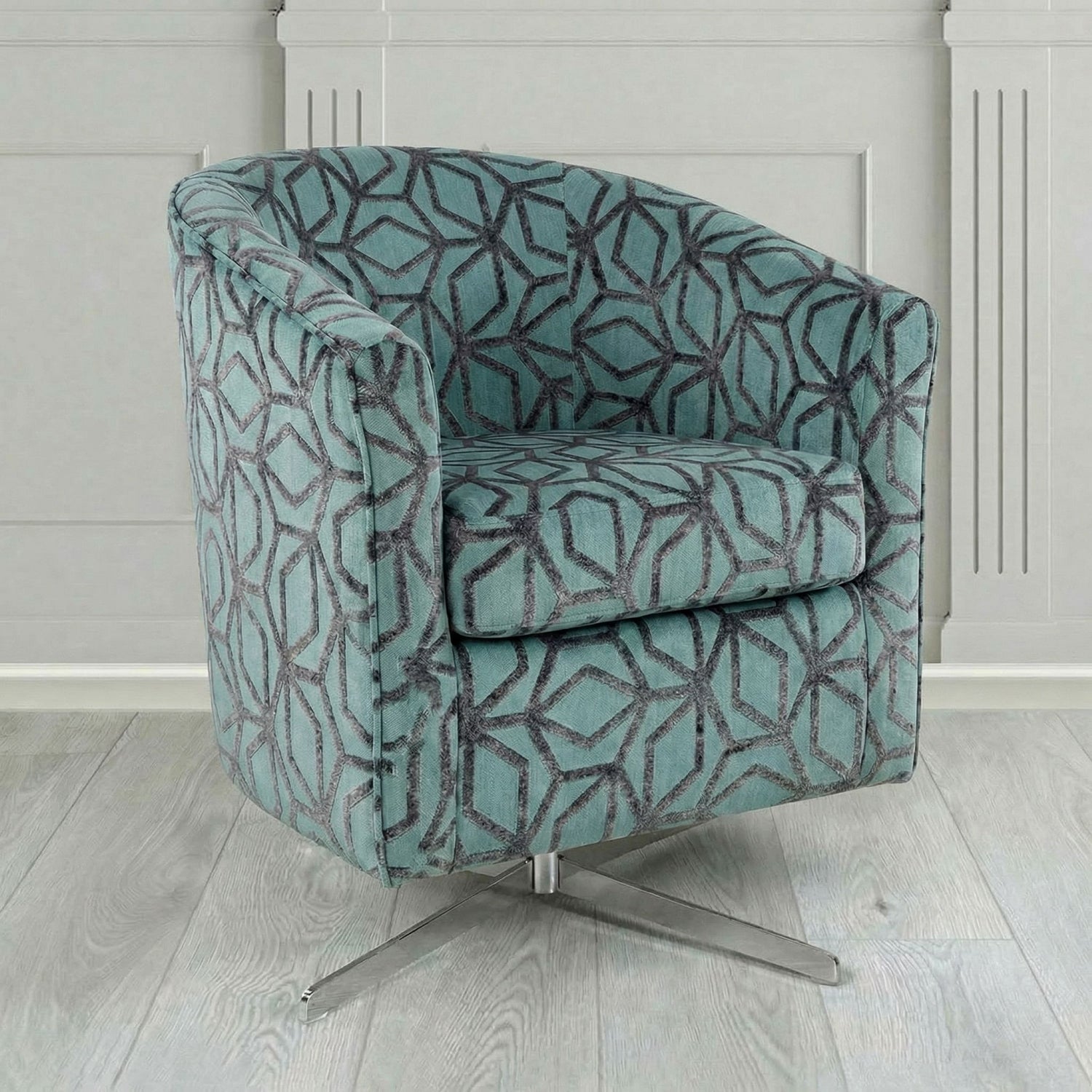 Cannes Swivel Tub Chair in Panaz Fabrics Lexington Corinthia Geometric Crib 5 Velvet Fabric