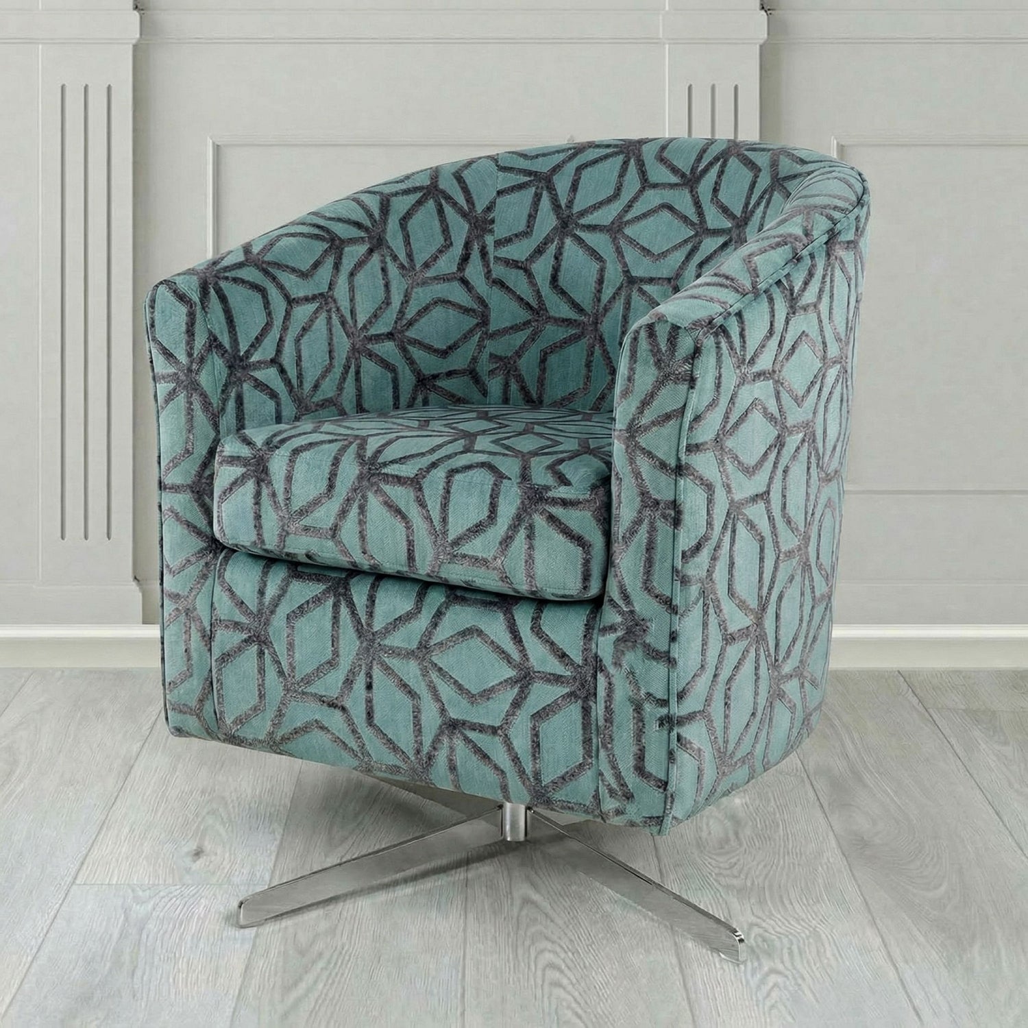 Cannes Swivel Tub Chair in Panaz Fabrics Lexington Corinthia Geometric Crib 5 Velvet Fabric