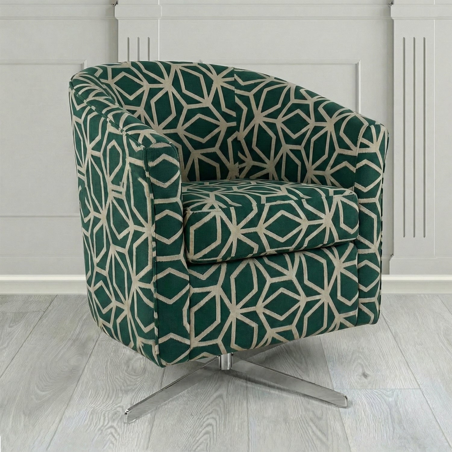 Cannes Swivel Tub Chair in Panaz Fabrics Lexington Corinthia Geometric Crib 5 Velvet Fabric