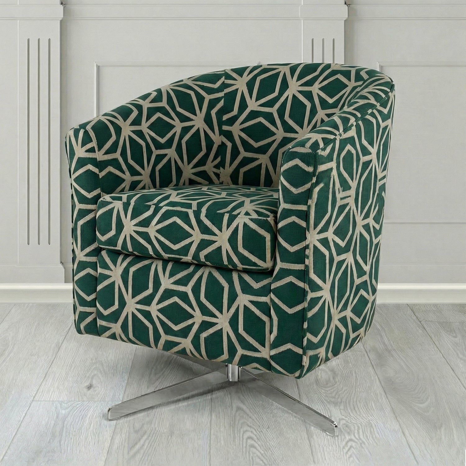 Cannes Swivel Tub Chair in Panaz Fabrics Lexington Corinthia Geometric Crib 5 Velvet Fabric