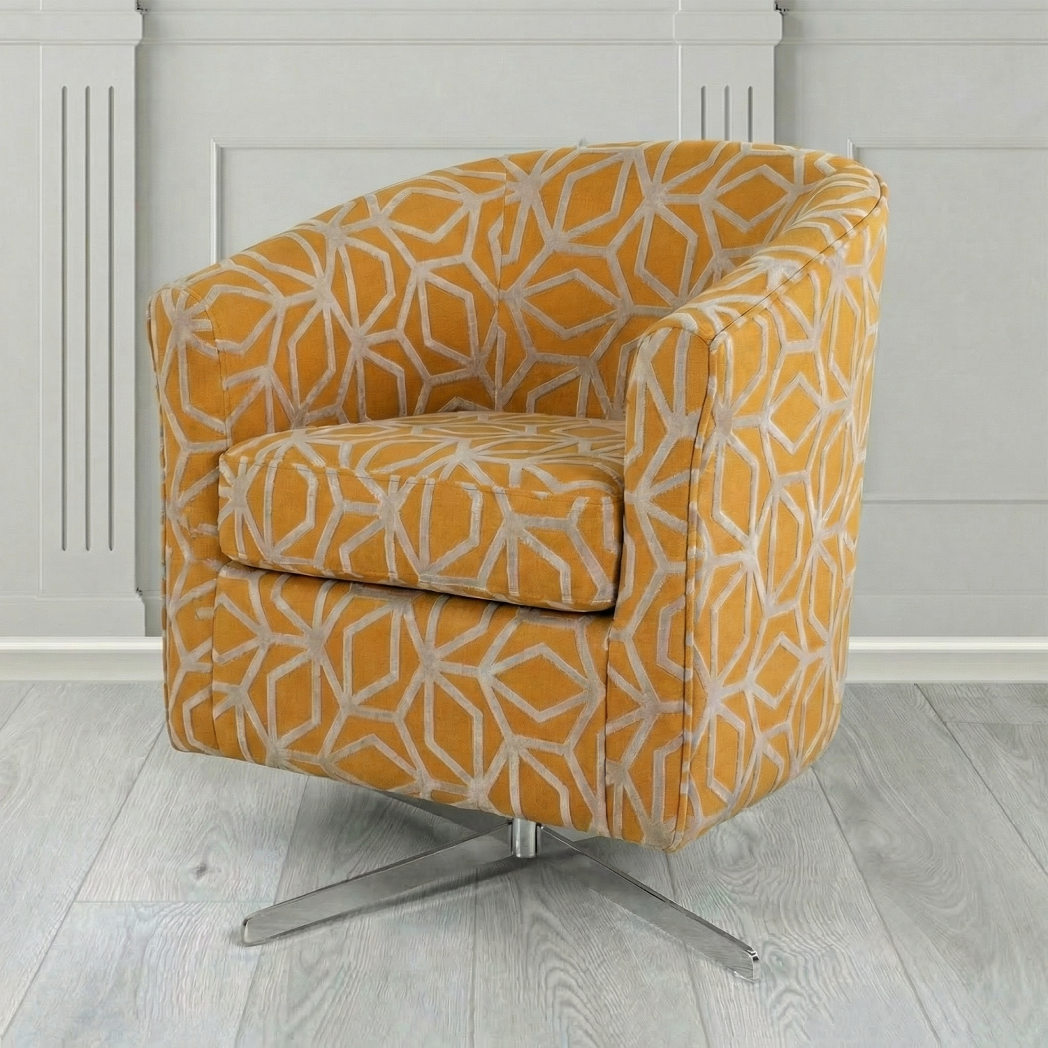 Cannes Swivel Tub Chair in Panaz Fabrics Lexington Corinthia Geometric Crib 5 Velvet Fabric