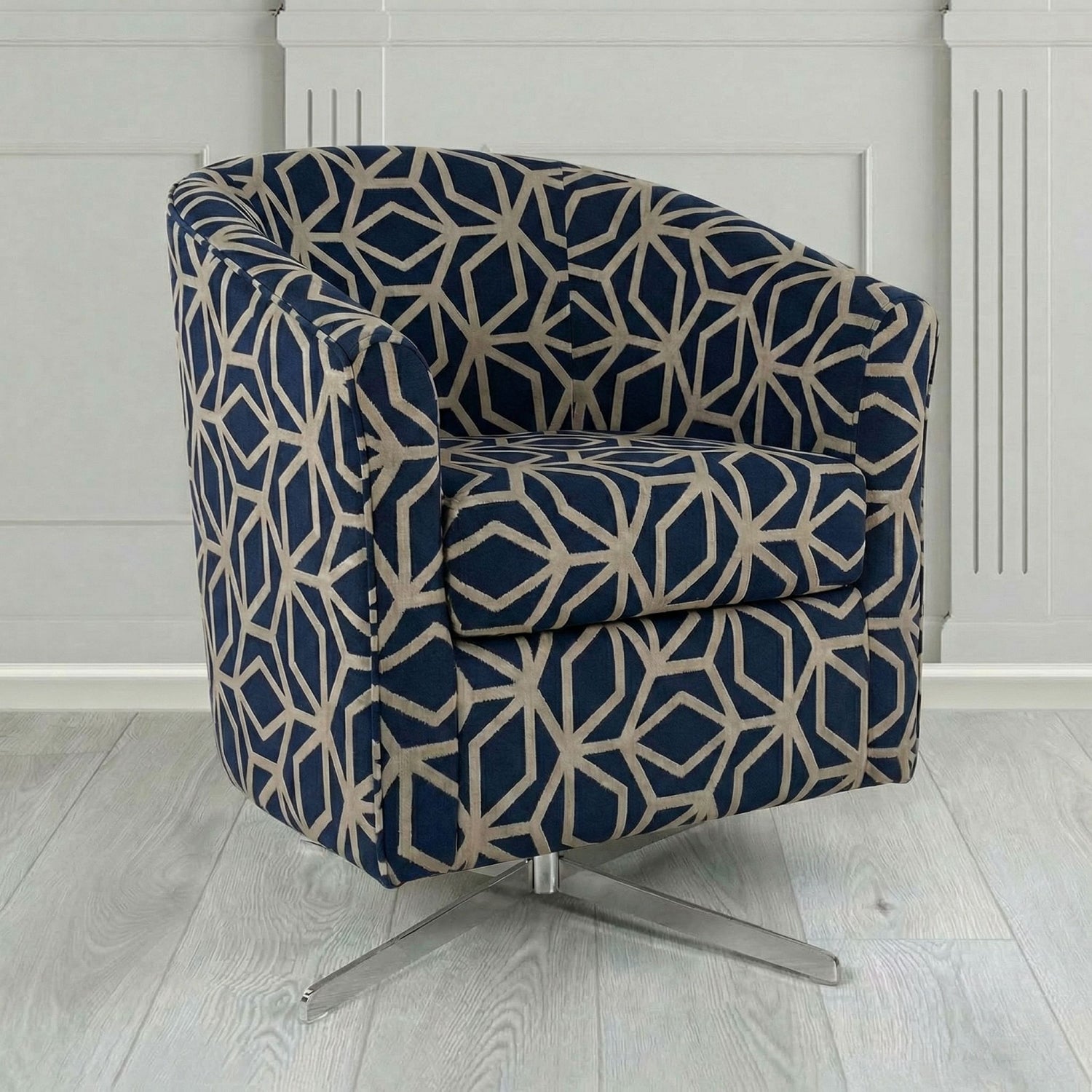 Cannes Swivel Tub Chair in Panaz Fabrics Lexington Corinthia Geometric Crib 5 Velvet Fabric