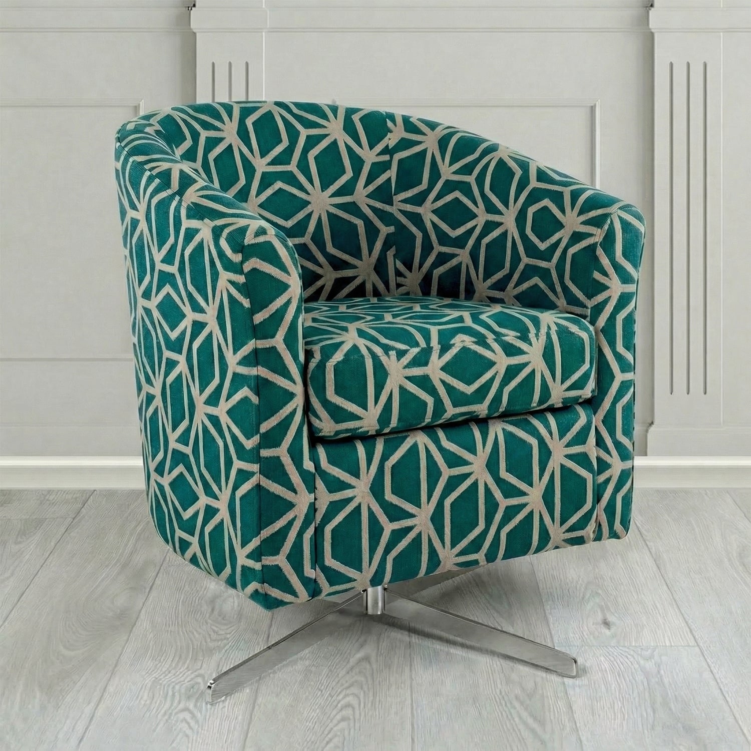 Cannes Swivel Tub Chair in Panaz Fabrics Lexington Corinthia Geometric Crib 5 Velvet Fabric