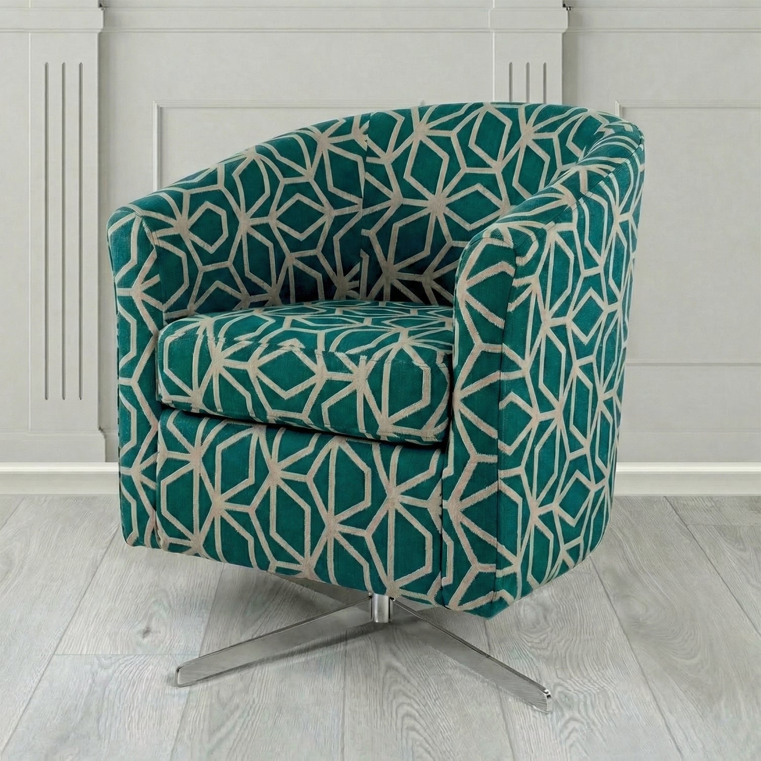 Cannes Swivel Tub Chair in Panaz Fabrics Lexington Corinthia Geometric Crib 5 Velvet Fabric
