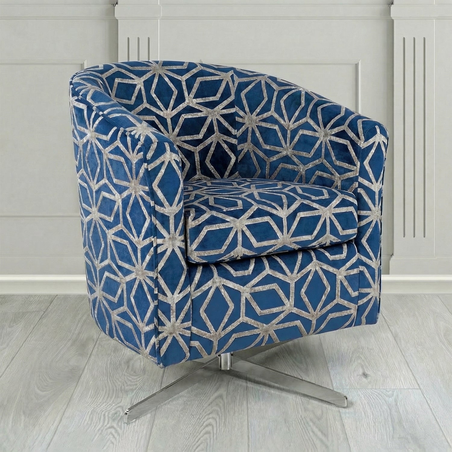 Cannes Swivel Tub Chair in Panaz Fabrics Lexington Corinthia Geometric Crib 5 Velvet Fabric