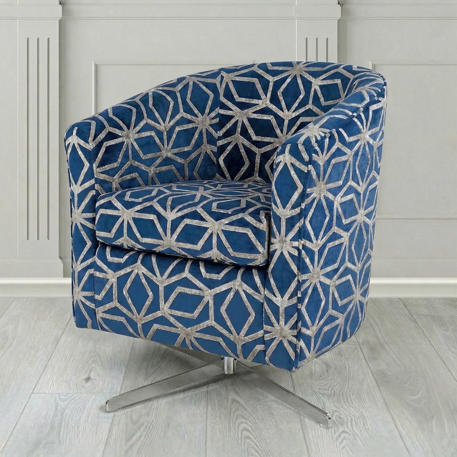 Cannes Swivel Tub Chair in Panaz Fabrics Lexington Corinthia Geometric Crib 5 Velvet Fabric